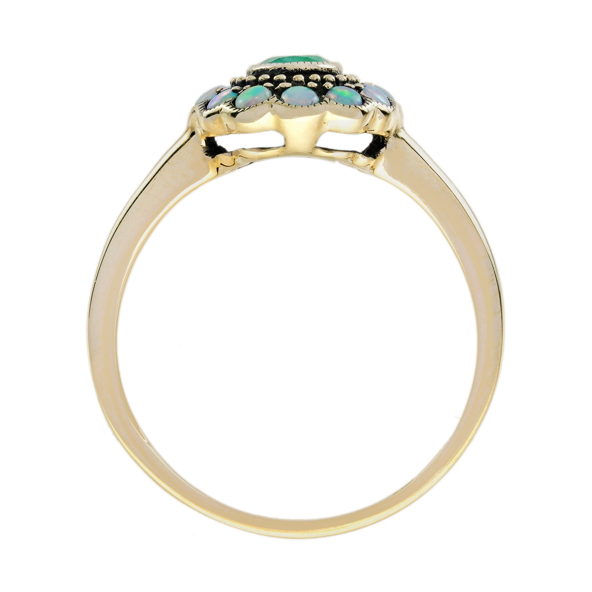 Emerald & Opal Vintage Style Floral Halo Yellow Gold Ring