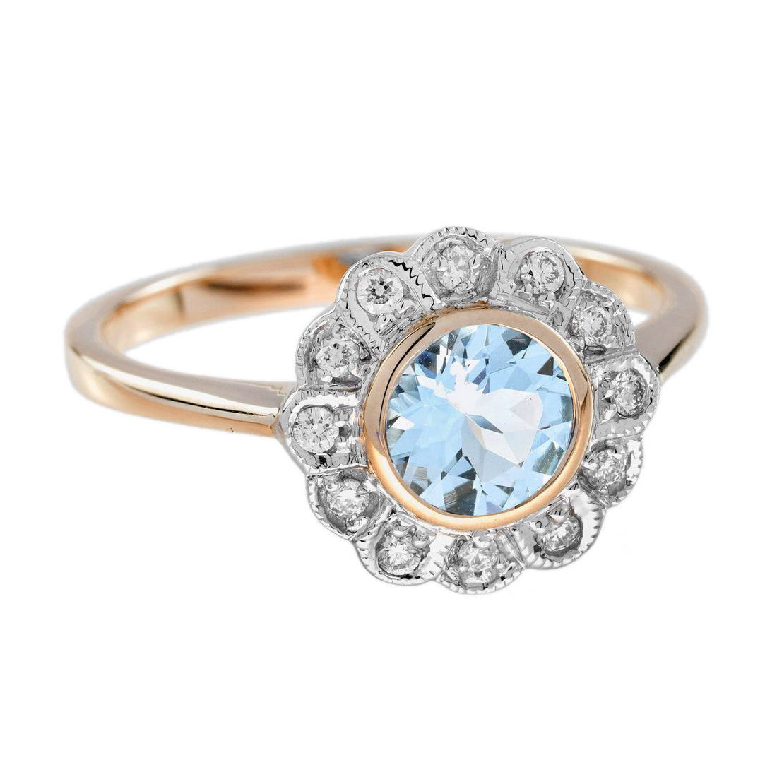 Round Blue Aquamarine & Diamond Vintage Style Floral Halo Set Rose Gold Ring