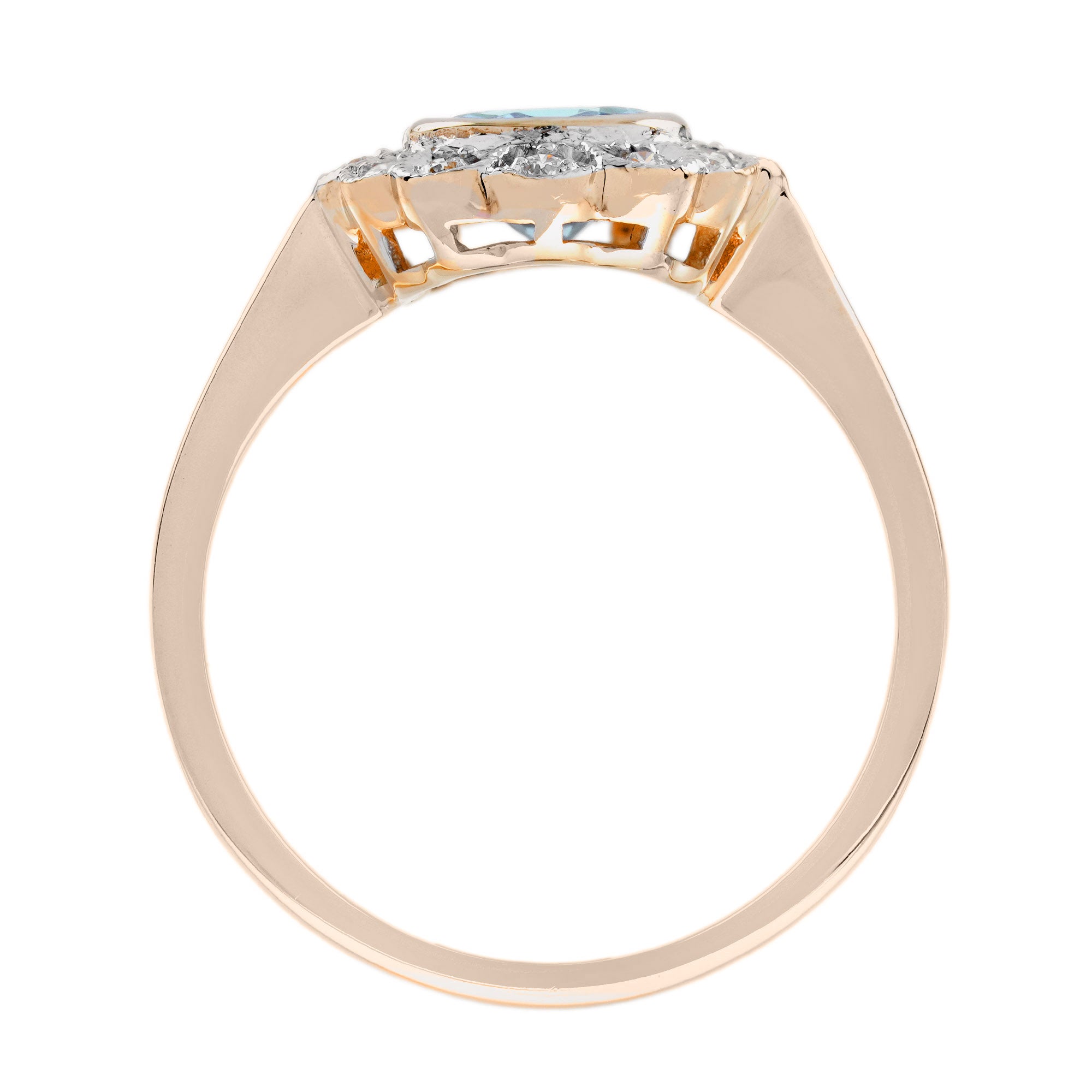 Round Blue Aquamarine & Diamond Vintage Style Floral Halo Set Rose Gold Ring