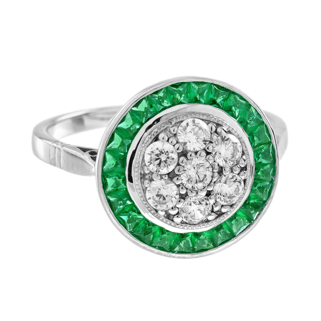 Diamond Cluster & Green Emerald Fancy Halo Set Art Deco Style White Gold Ring