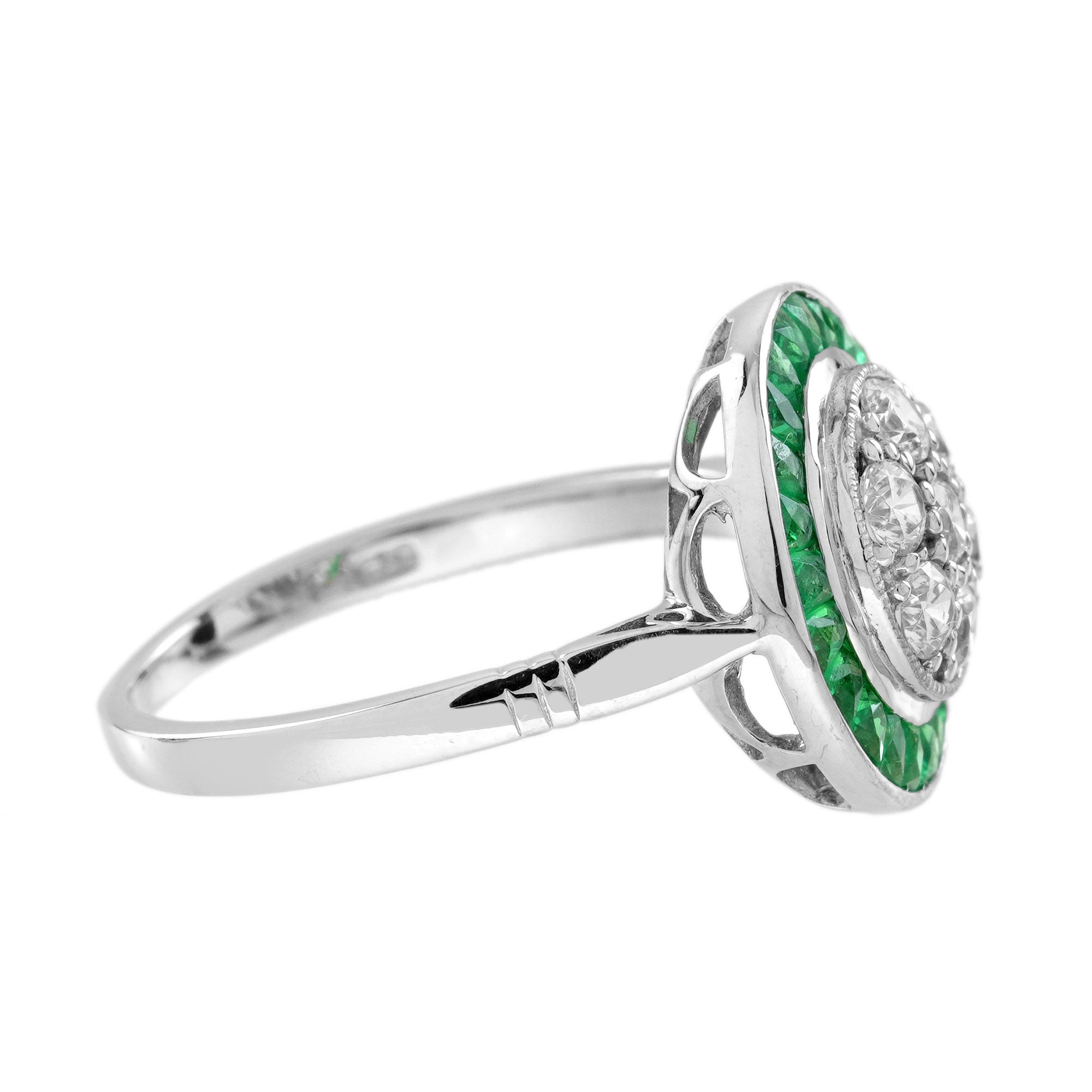 Diamond Cluster & Green Emerald Fancy Halo Set Art Deco Style White Gold Ring