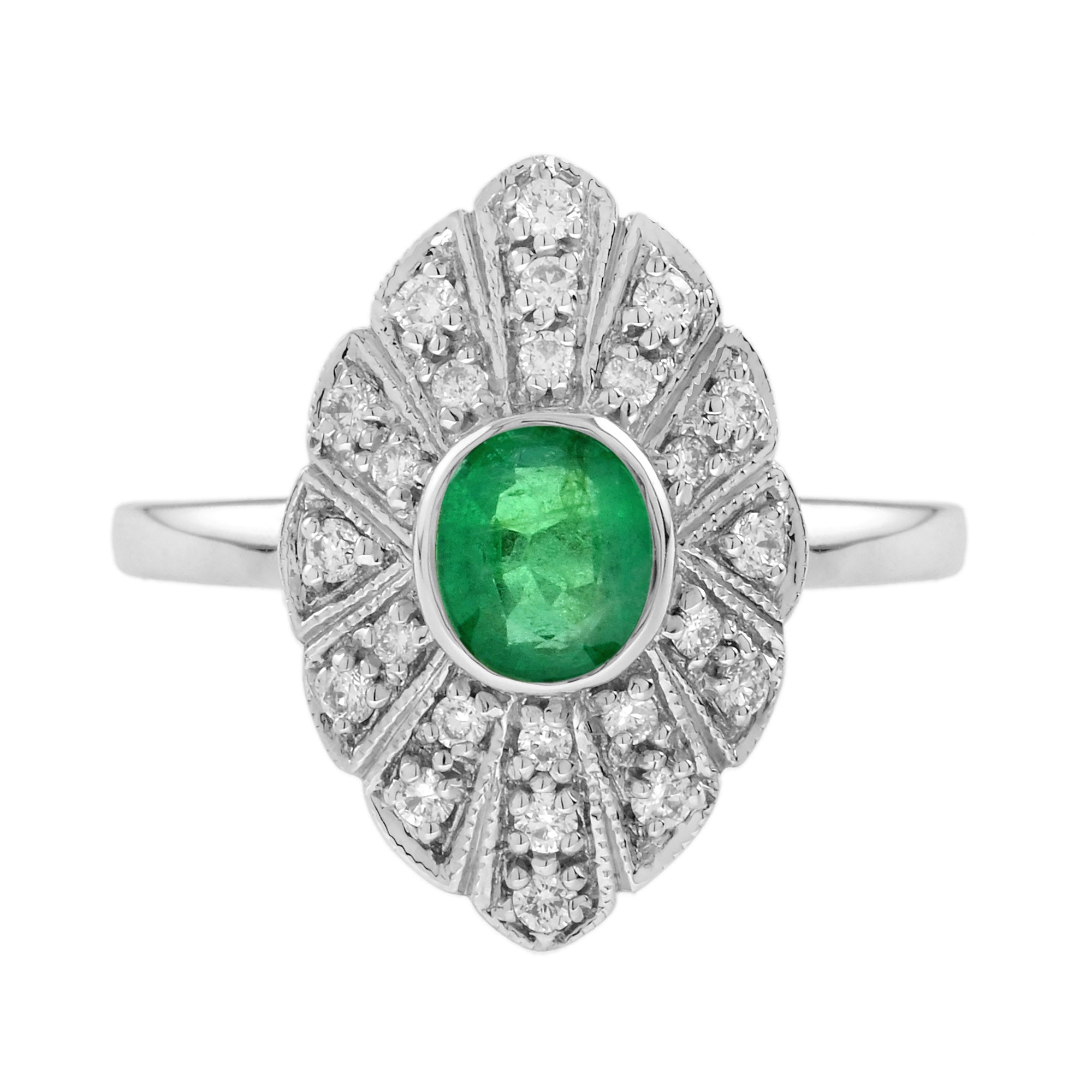 Oval Emerald & Diamond Marquise Shape Edwardian Style 14K White Gold Ring