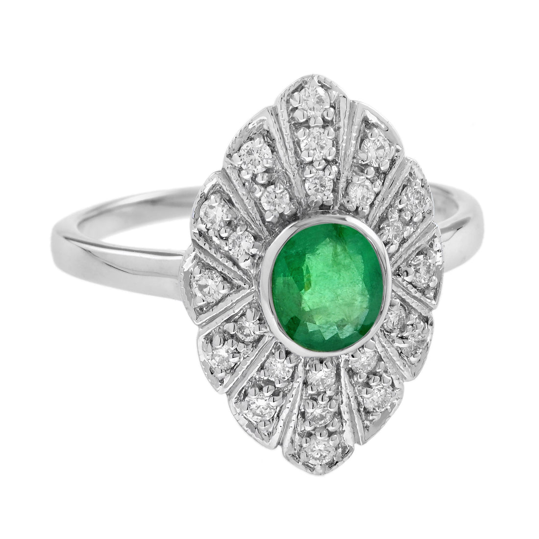 Oval Emerald & Diamond Marquise Shape Edwardian Style 14K White Gold Ring