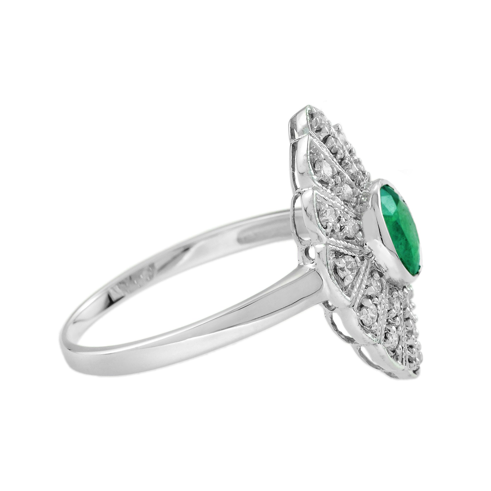 Oval Emerald & Diamond Marquise Shape Edwardian Style 14K White Gold Ring