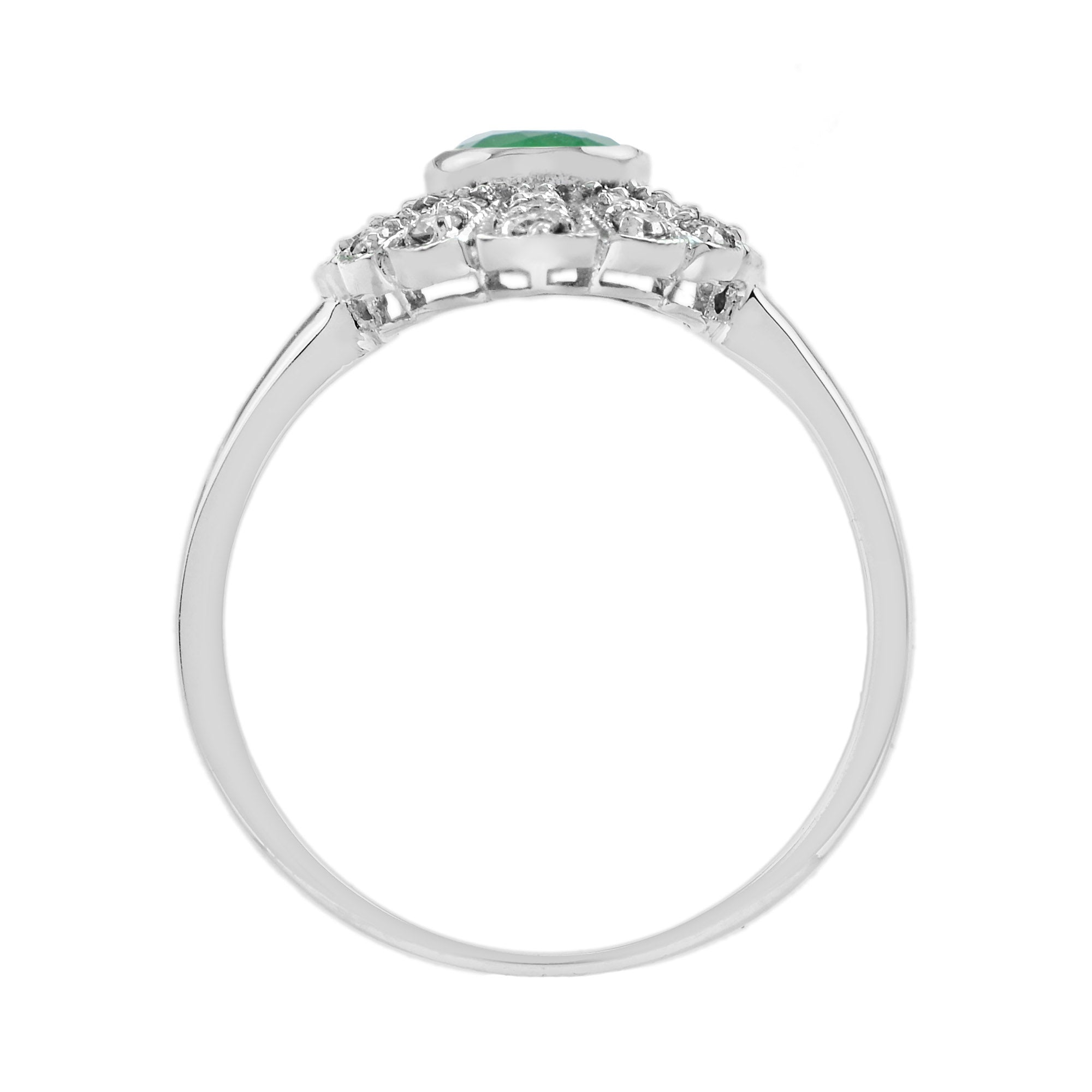 Oval Emerald & Diamond Marquise Shape Edwardian Style 14K White Gold Ring