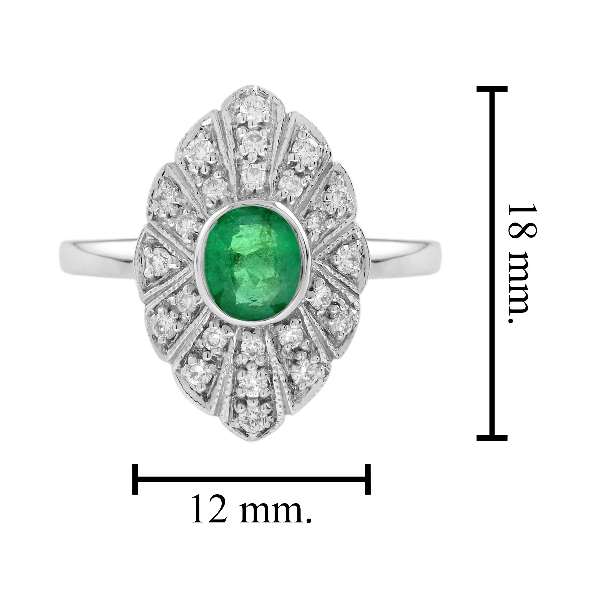 Oval Emerald & Diamond Marquise Shape Edwardian Style 14K White Gold Ring