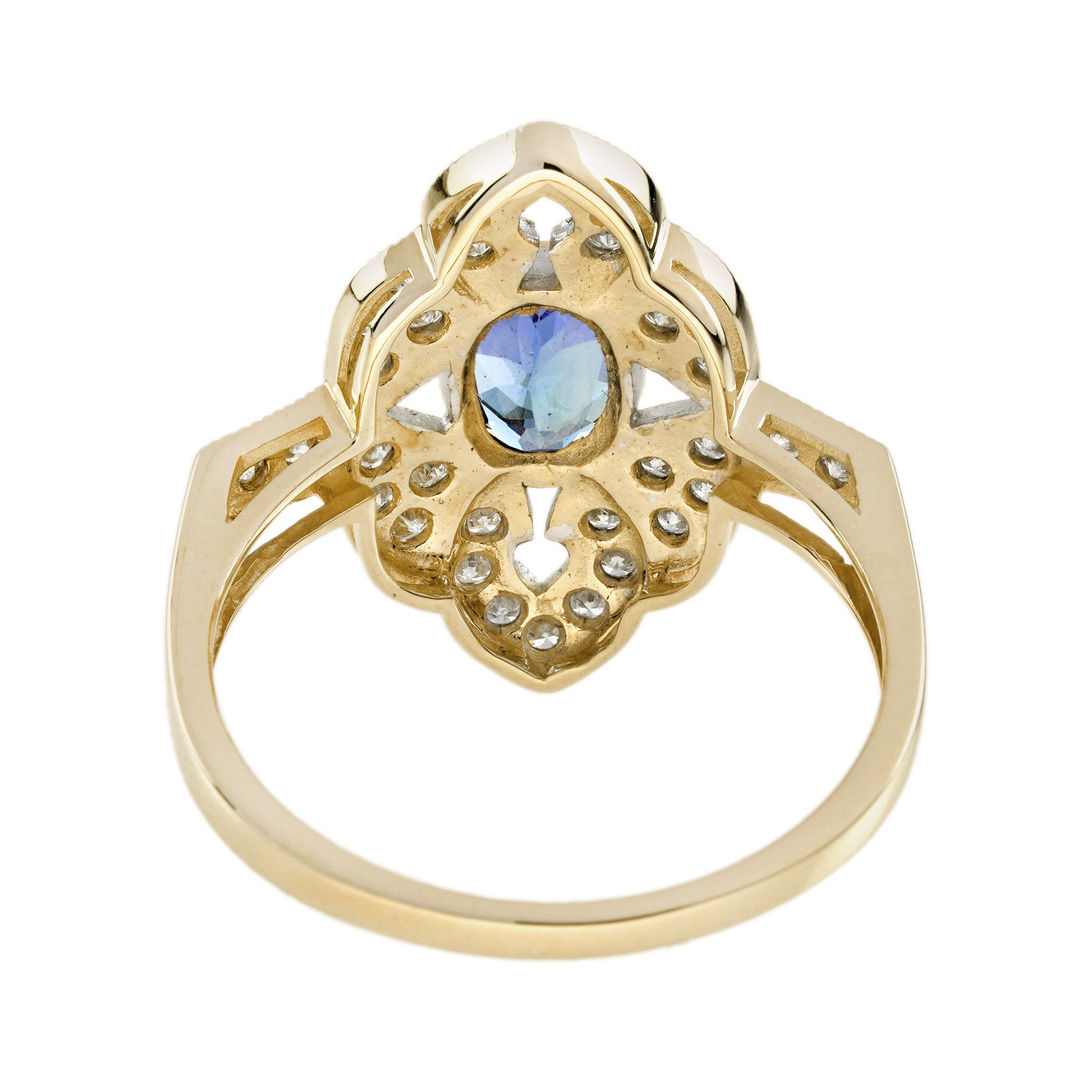 Blue Violet Tanzanite & Diamonds Halo Art Deco Style Statement Gold Ring
