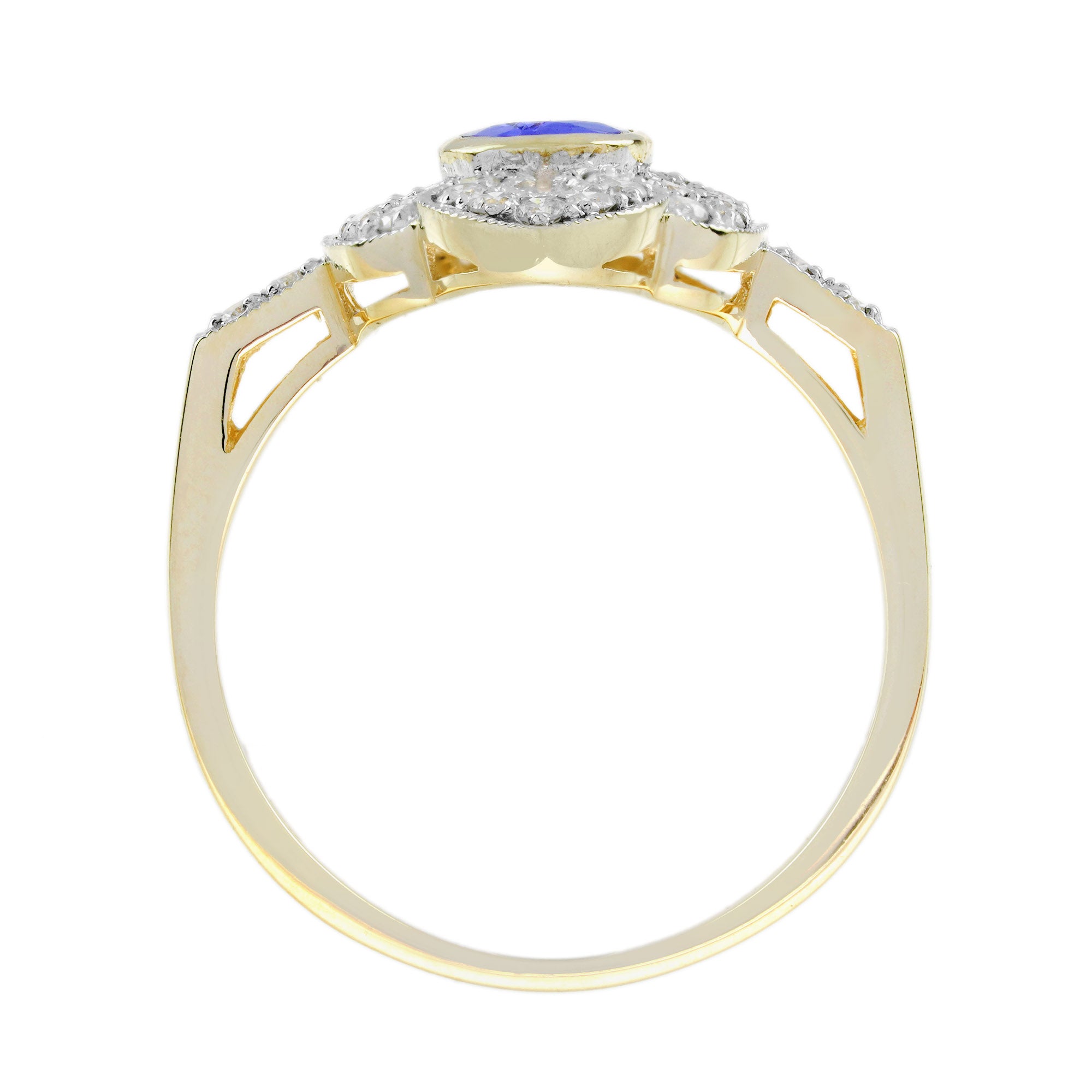 Blue Violet Tanzanite & Diamonds Halo Art Deco Style Statement Gold Ring
