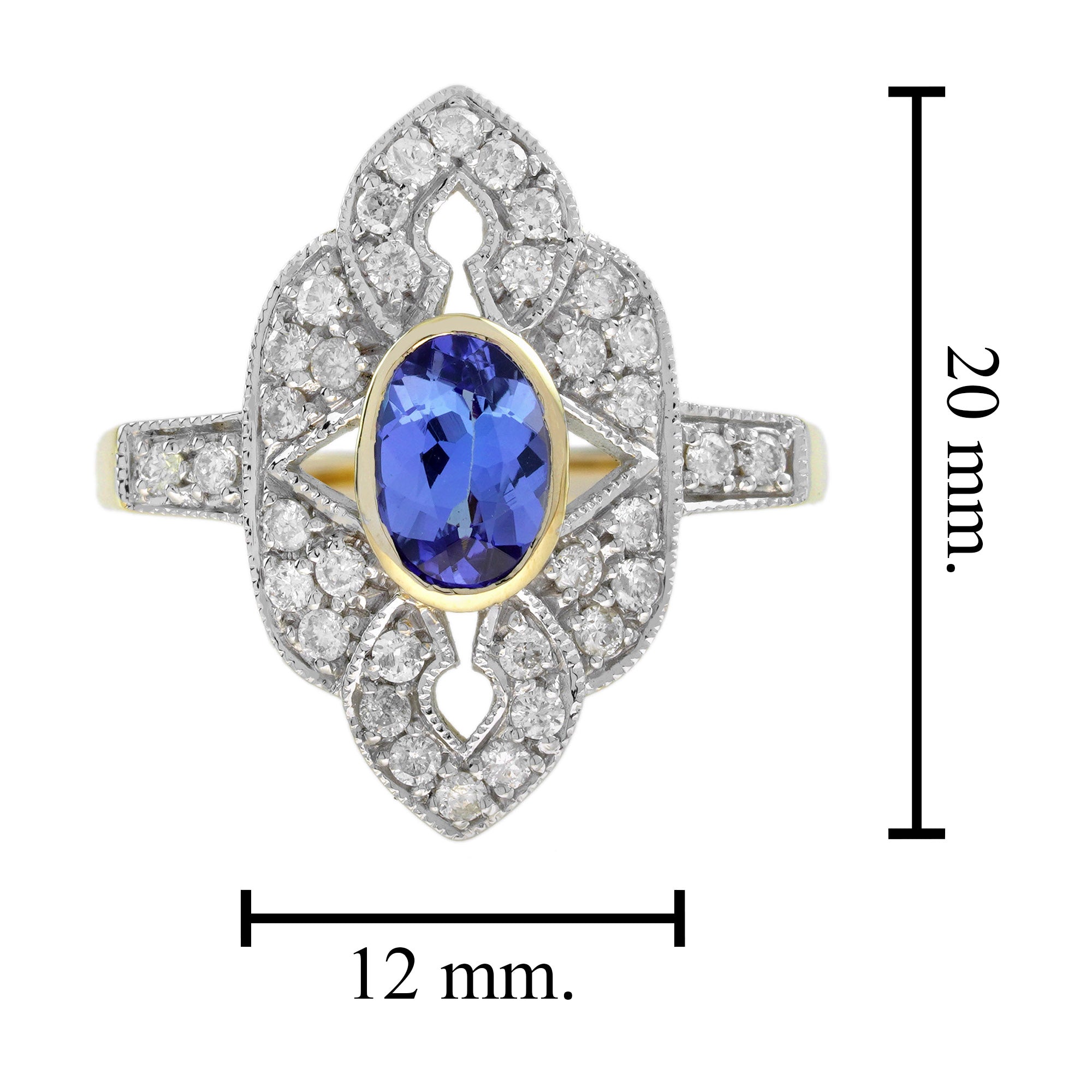 Blue Violet Tanzanite & Diamonds Halo Art Deco Style Statement Gold Ring