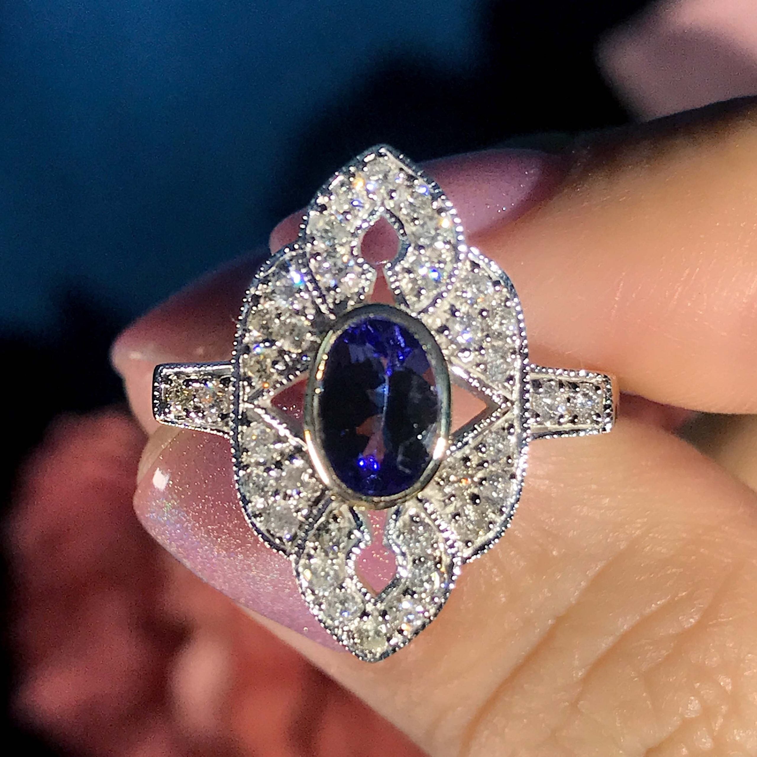 Blue Violet Tanzanite & Diamonds Halo Art Deco Style Statement Gold Ring