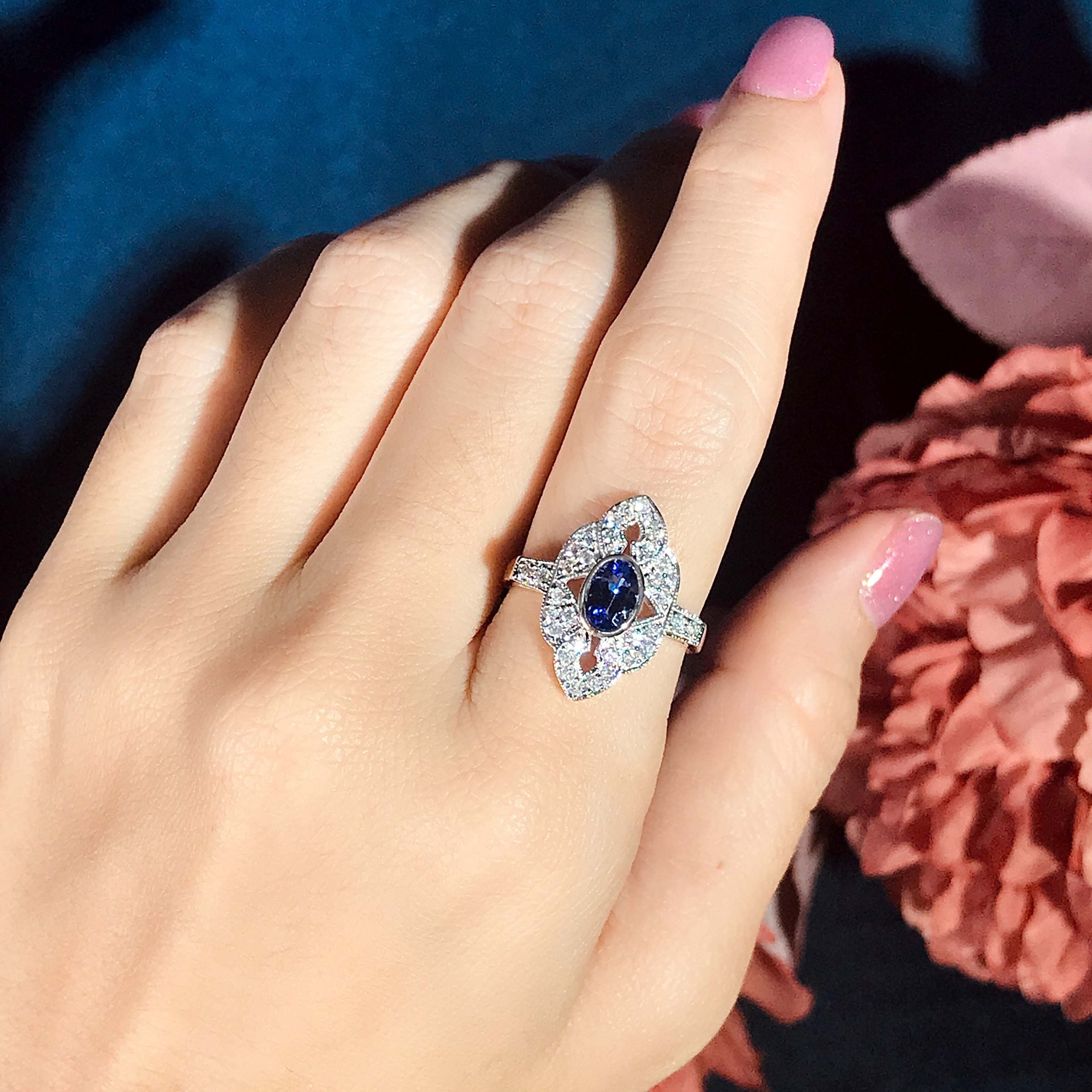 Blue Violet Tanzanite & Diamonds Halo Art Deco Style Statement Gold Ring