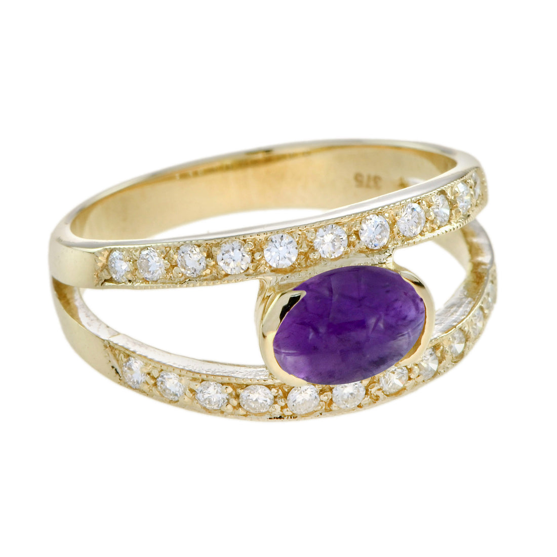Oval Cabochon Purple Violet Amethyst & Diamond Vintage Style Gold Ring