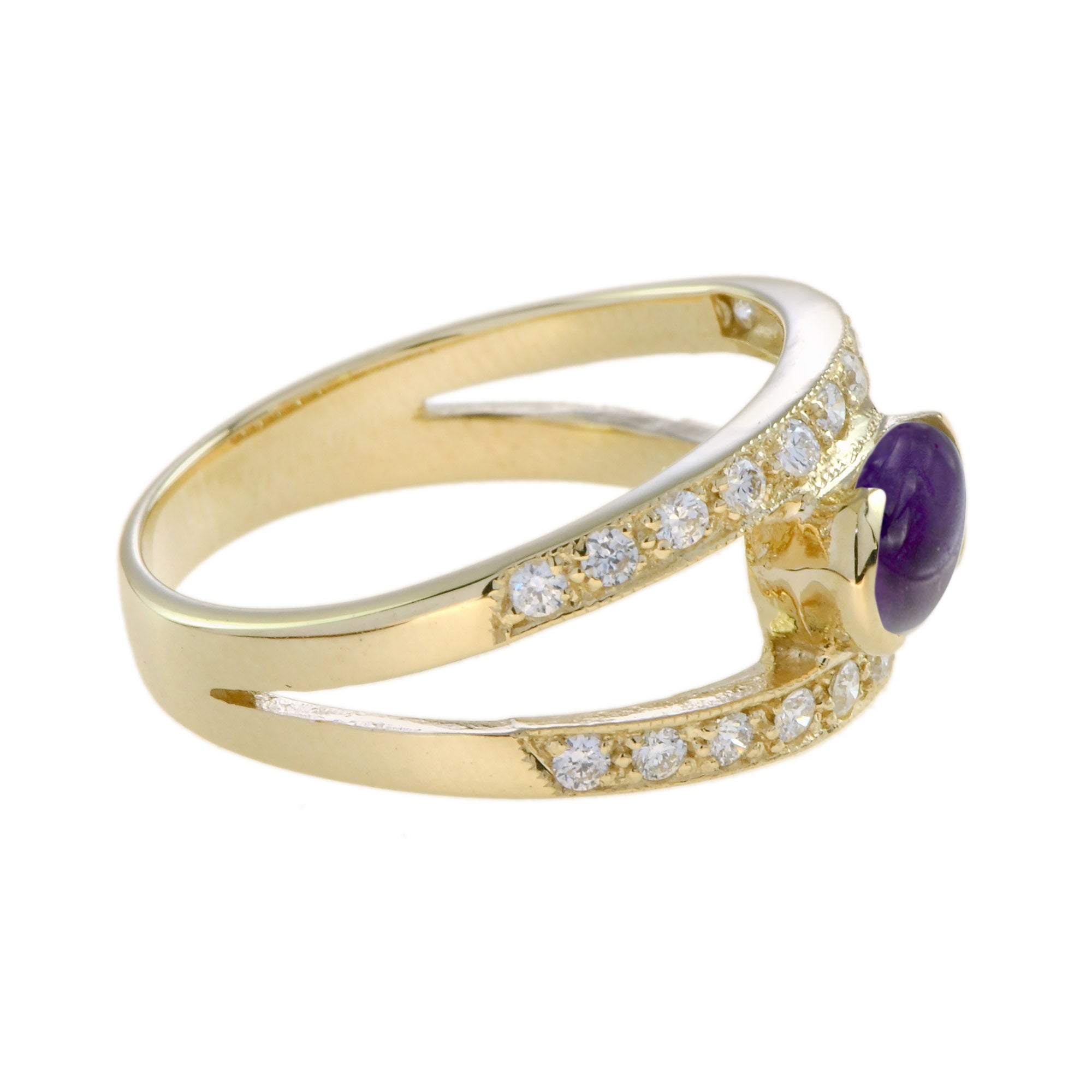 Oval Cabochon Purple Violet Amethyst & Diamond Vintage Style Gold Ring