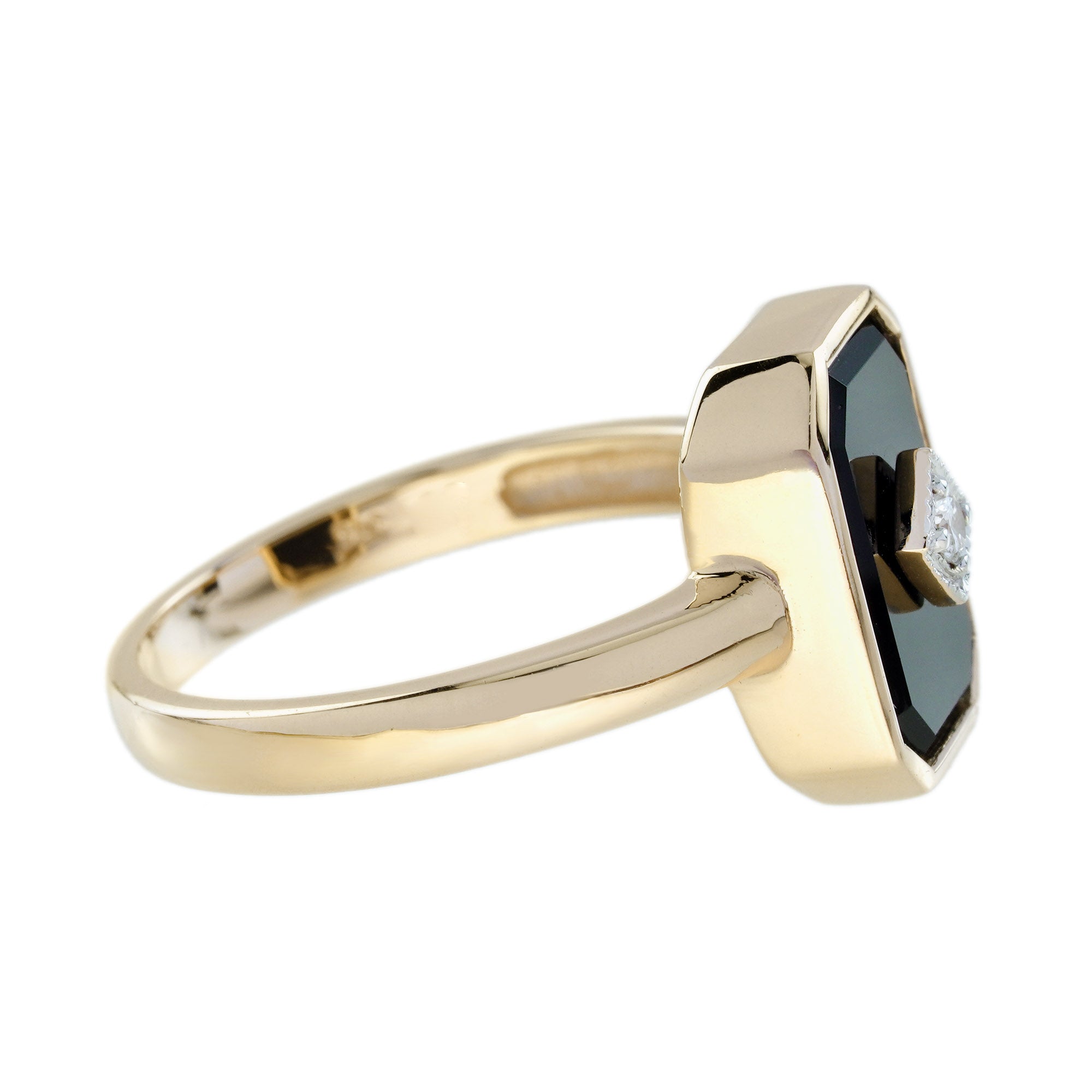 Diamond & Octagon Black Onyx Art Deco Style Yellow Gold Ring