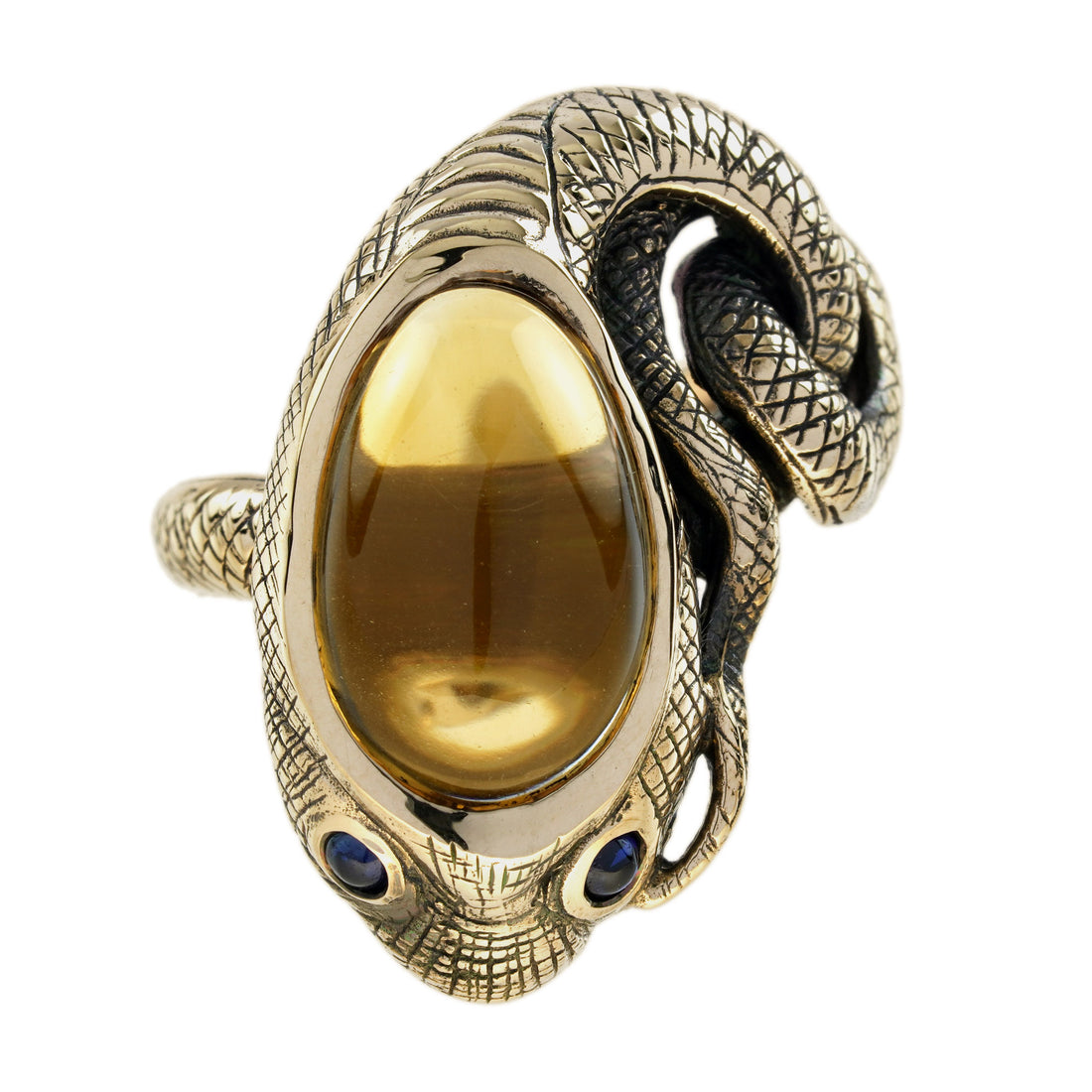 Cabochon Brown Amber Citrine & Blue Sapphire Antique Style Snake Gold Ring