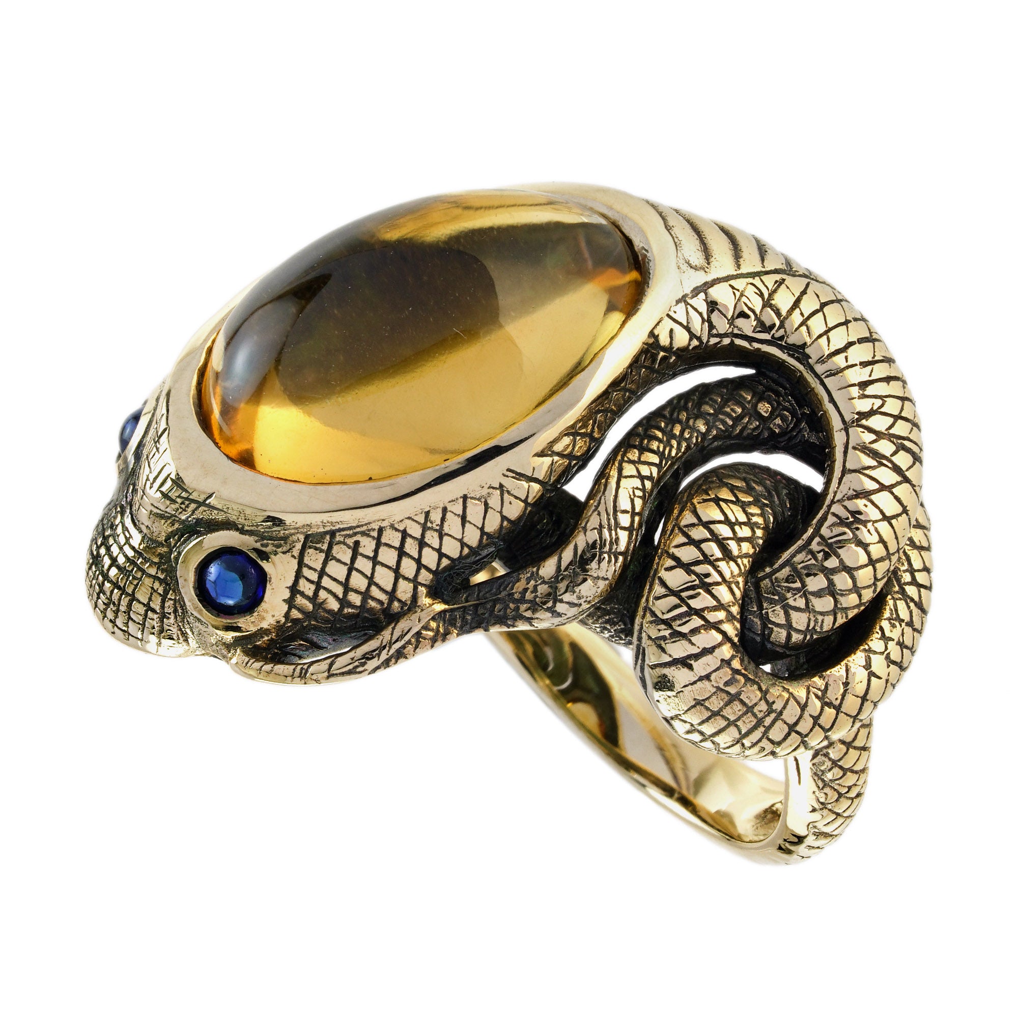 Cabochon Brown Amber Citrine & Blue Sapphire Antique Style Snake Gold Ring