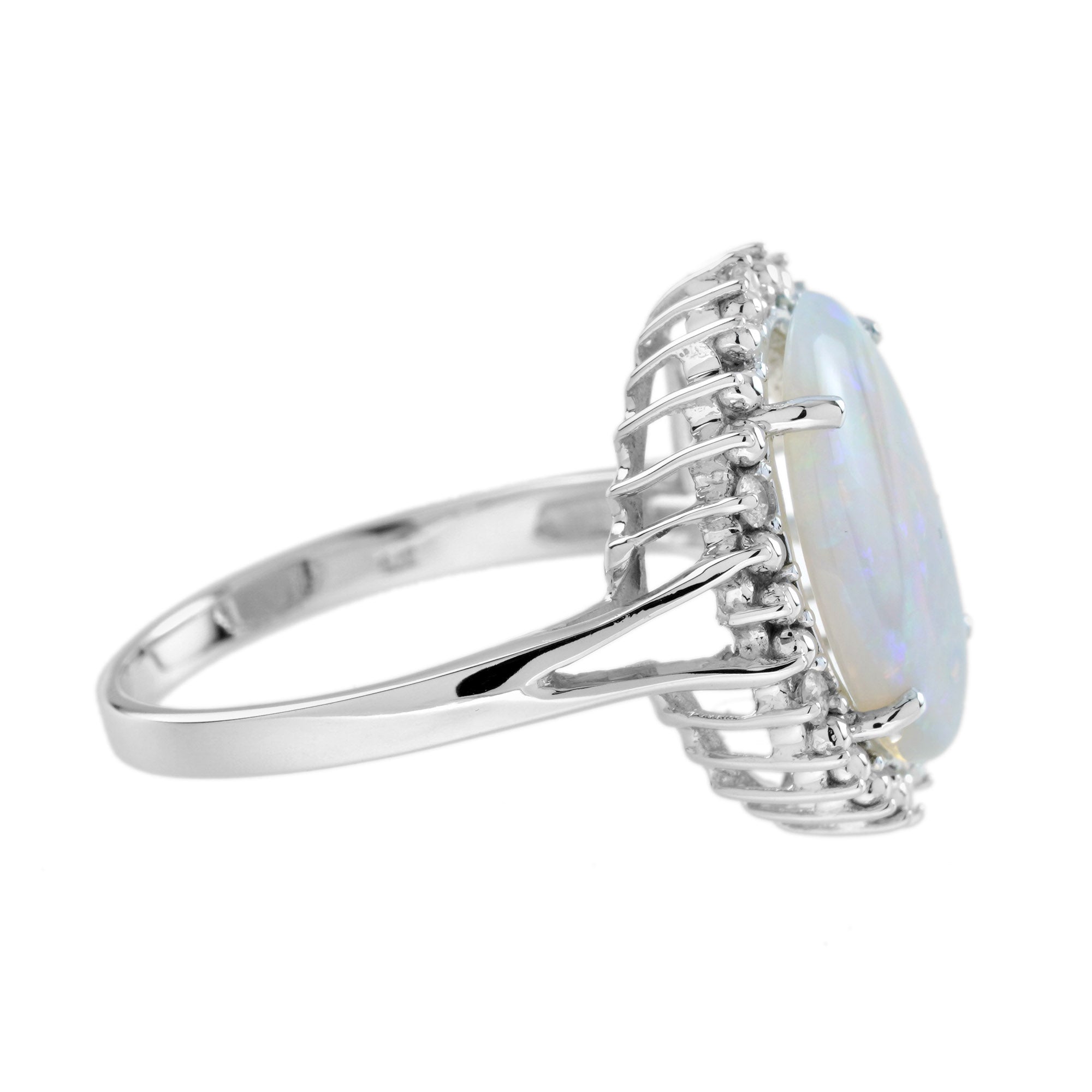 Oval Shape White Opal & Diamond Vintage Style Cocktail 9K White Gold Ring
