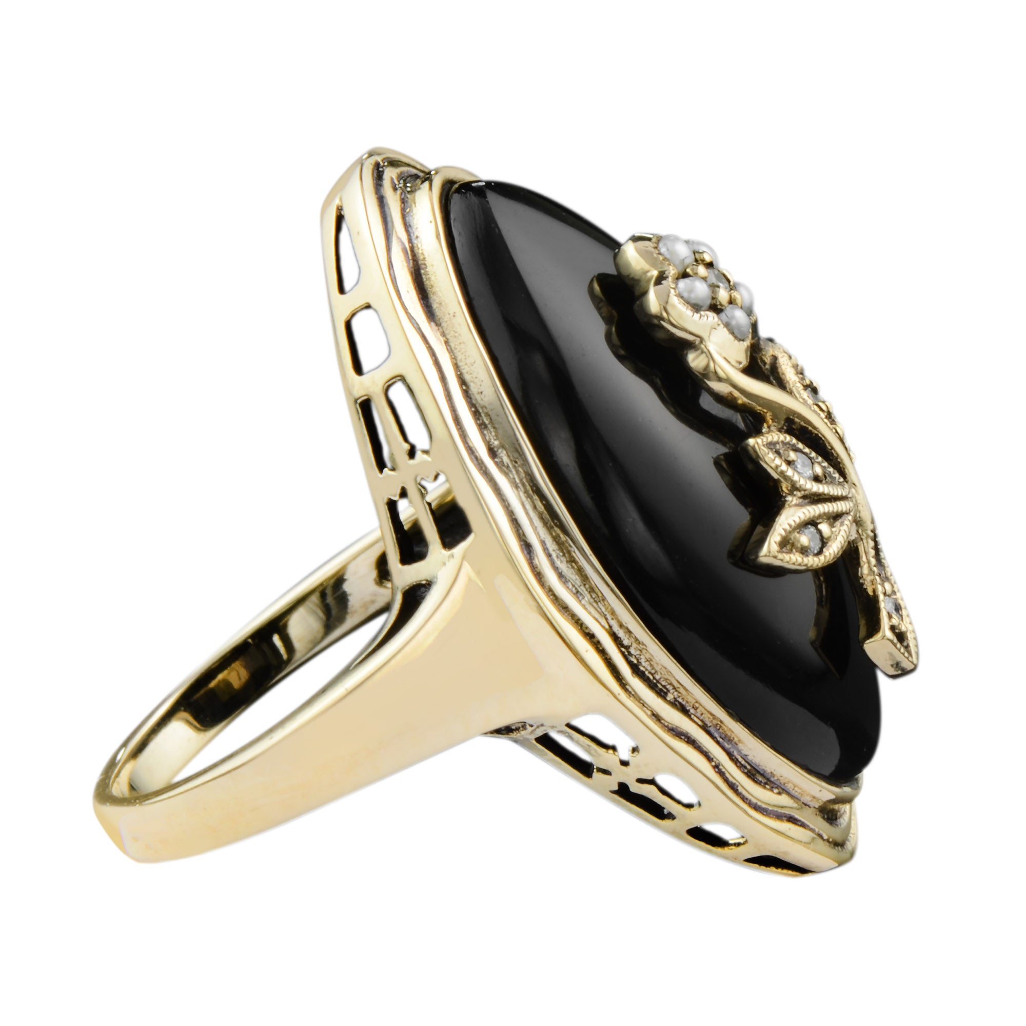 Diamond & Pearl and Black Onyx Flower Rose Antique Style Cocktail Gold Ring
