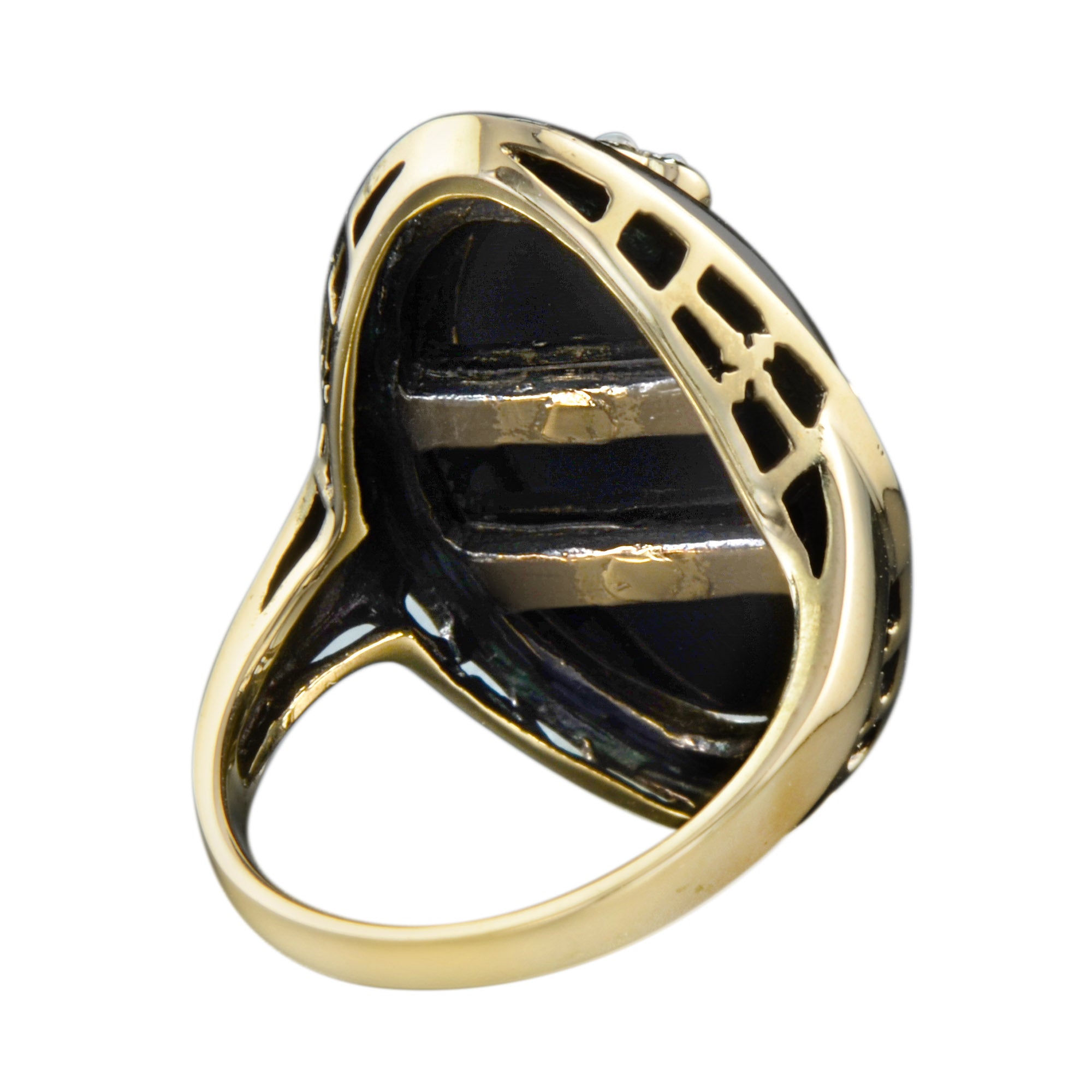 Diamond & Pearl and Black Onyx Flower Rose Antique Style Cocktail Gold Ring