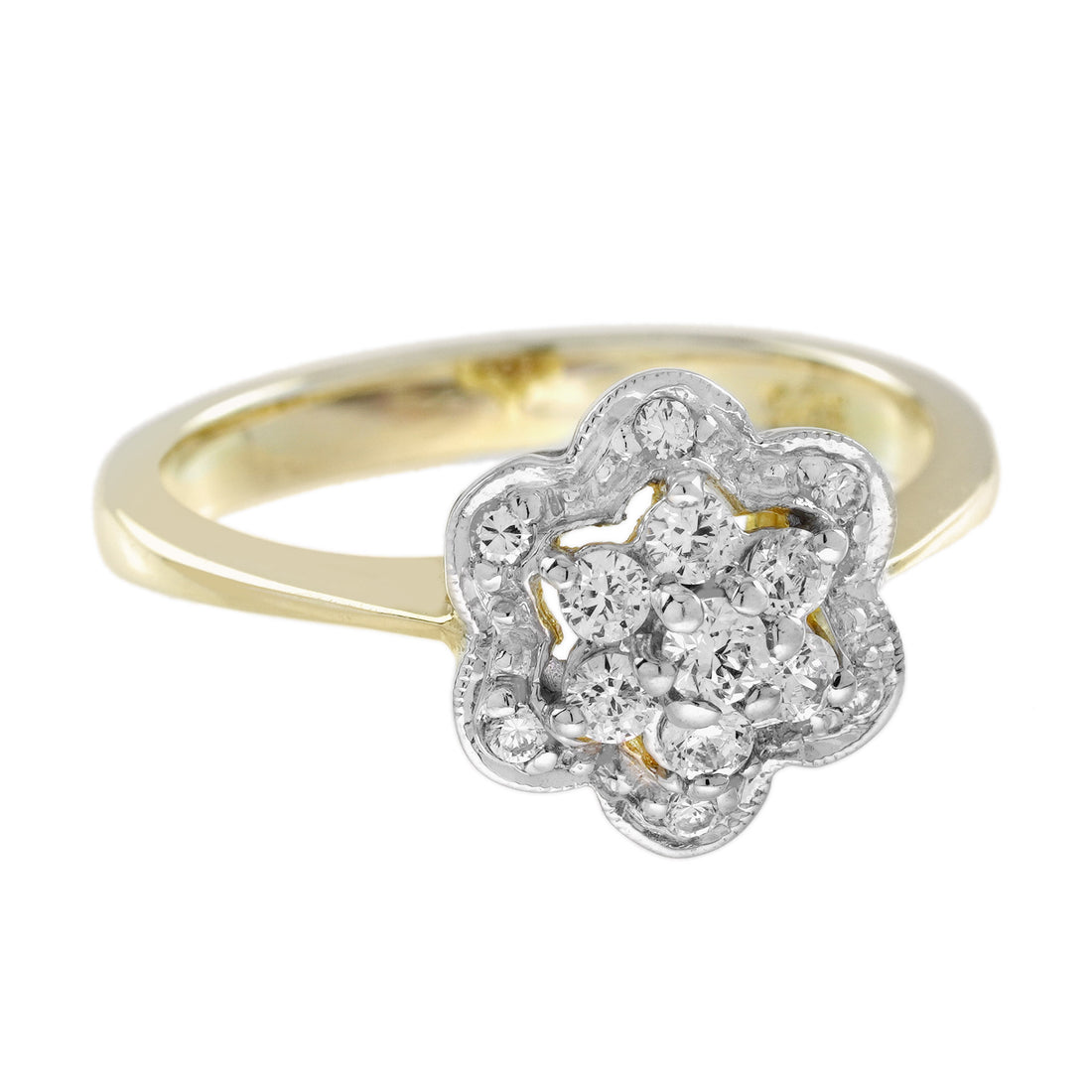 Diamond Vintage Style Floral Cluster Engagement Ring in Two Tone Gold