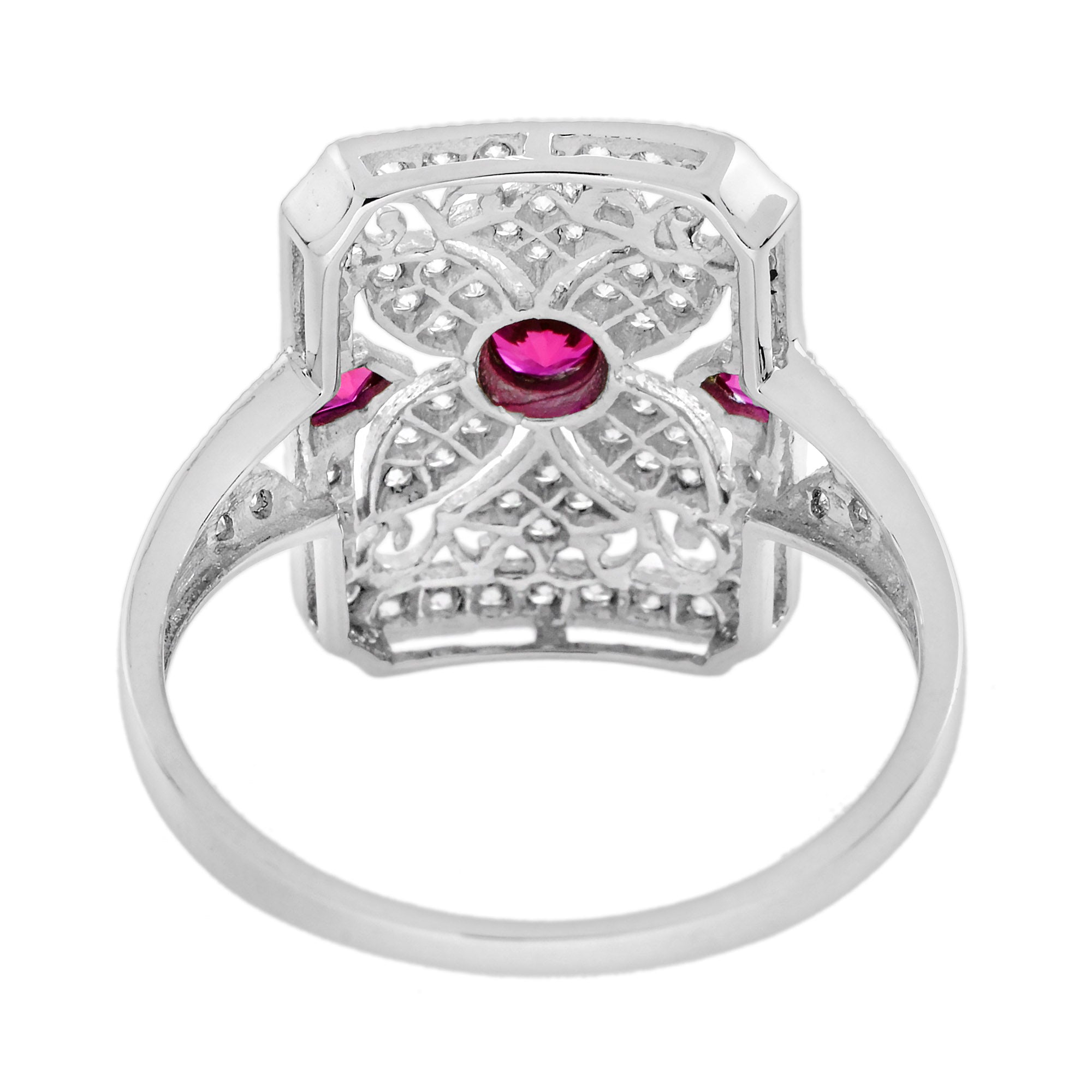 Pink Red Ruby & Diamond Art Deco Style Filigree 14K White Gold Ring