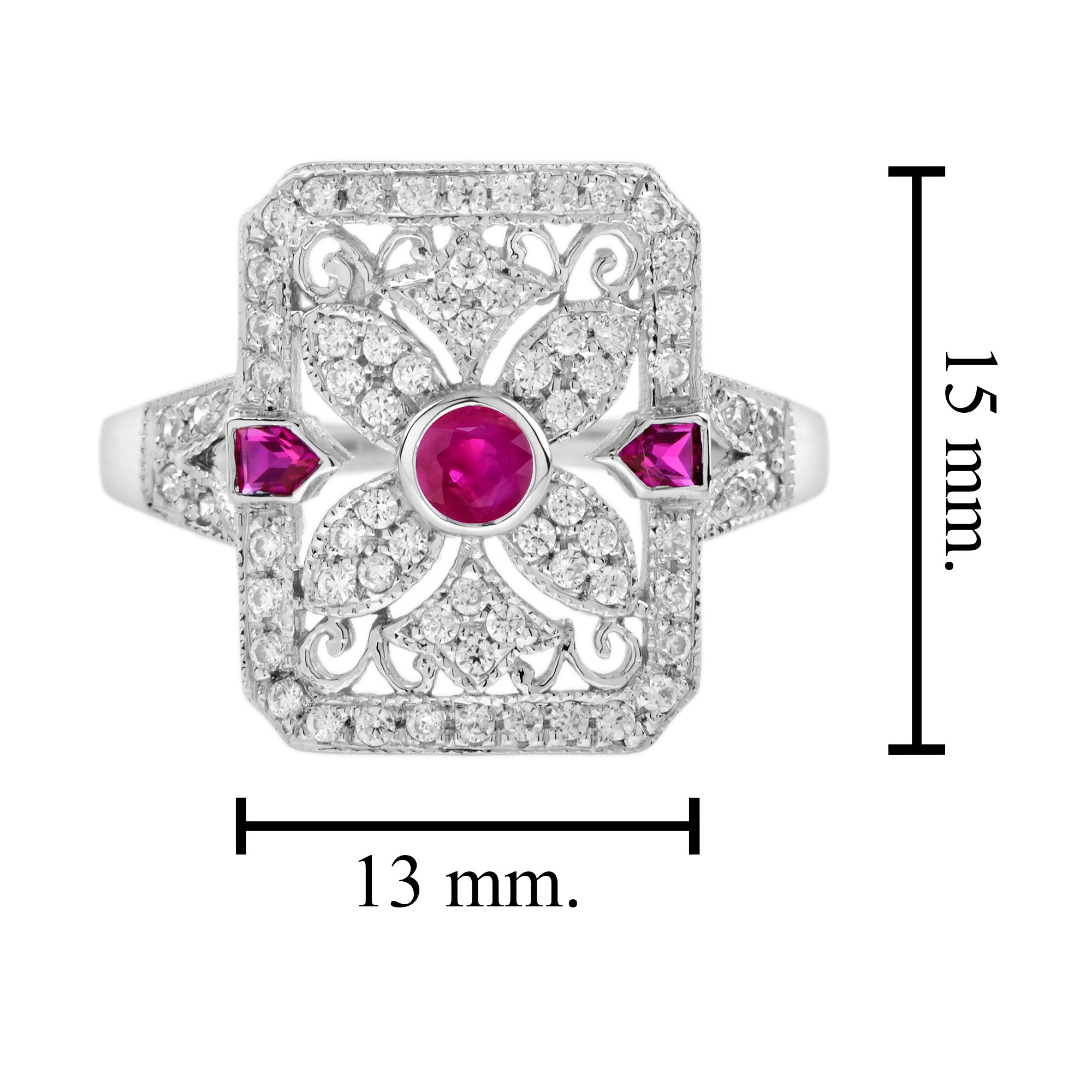 Pink Red Ruby & Diamond Art Deco Style Filigree 14K White Gold Ring
