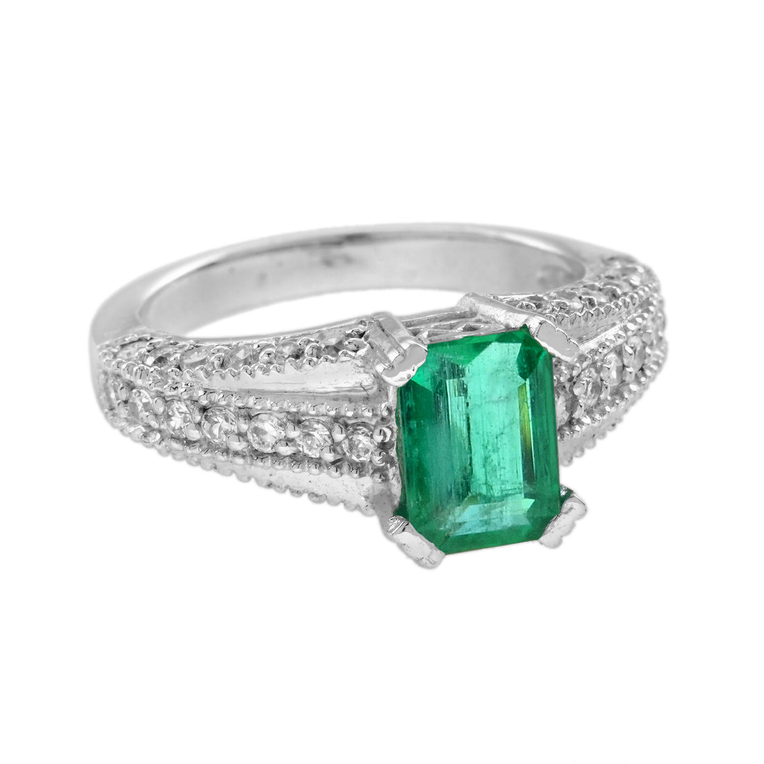 Emerald & Diamond Art Deco Style Solitaire Vintage Inspired 14K White Gold Ring