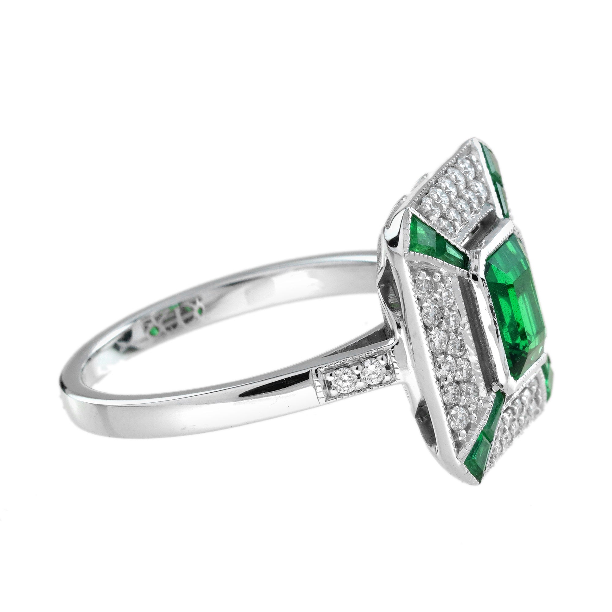 Green Emerald & Diamond Art Deco Style Octagon Pave Set White Gold Ring
