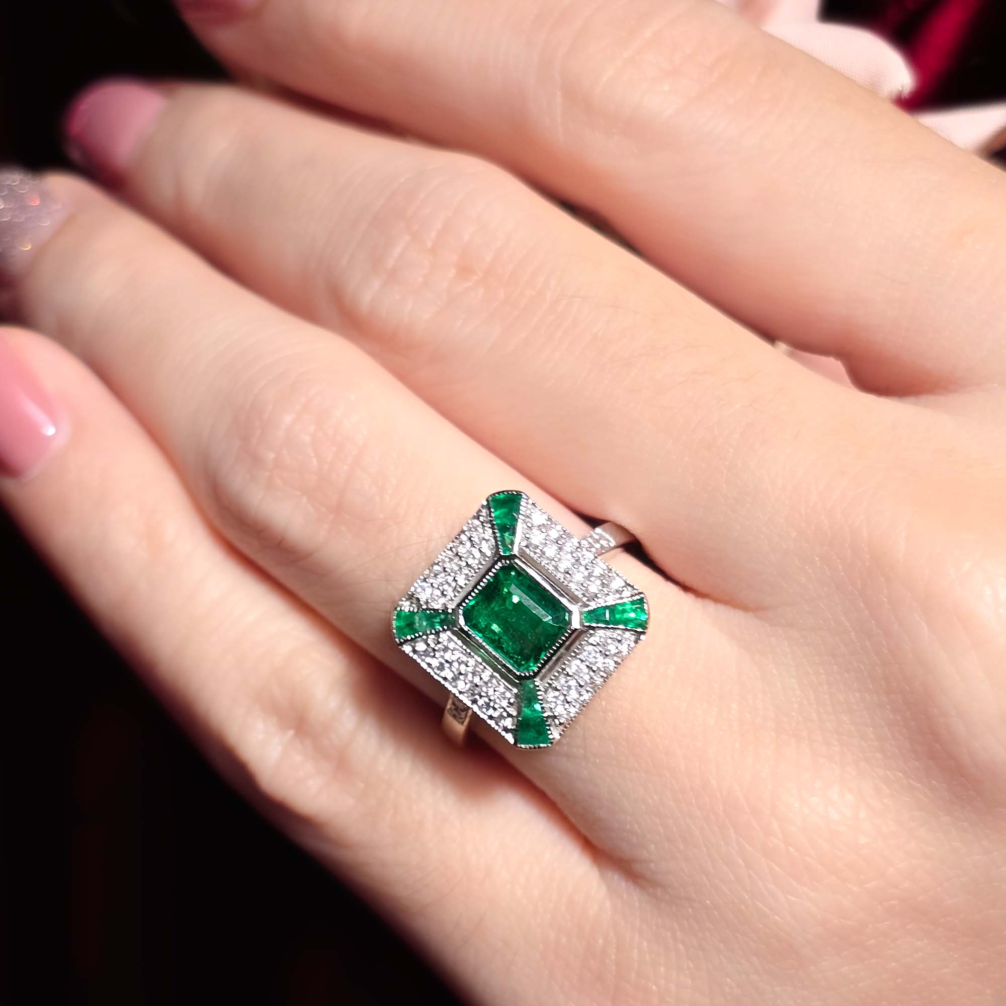 Green Emerald & Diamond Art Deco Style Octagon Pave Set White Gold Ring