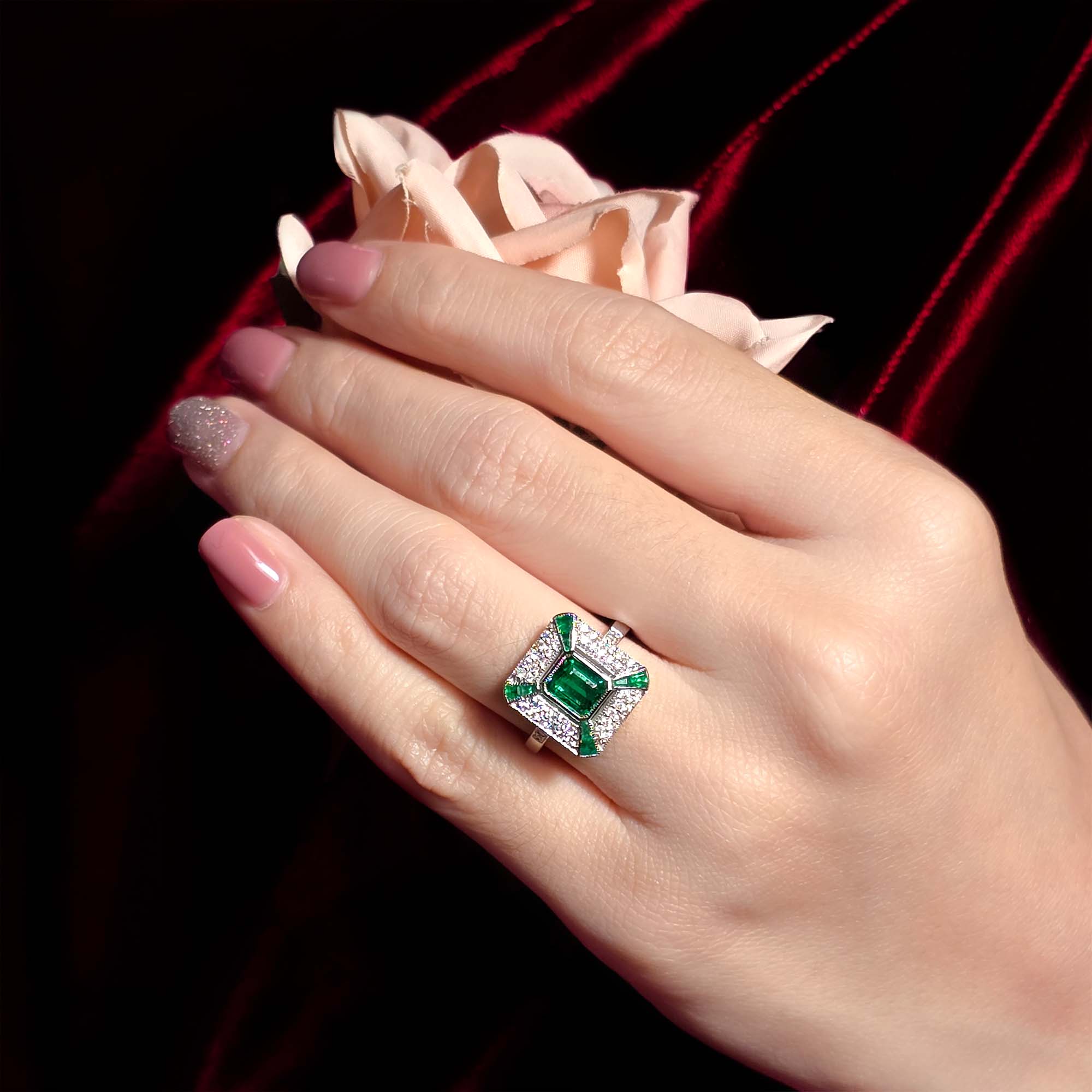 Green Emerald & Diamond Art Deco Style Octagon Pave Set White Gold Ring