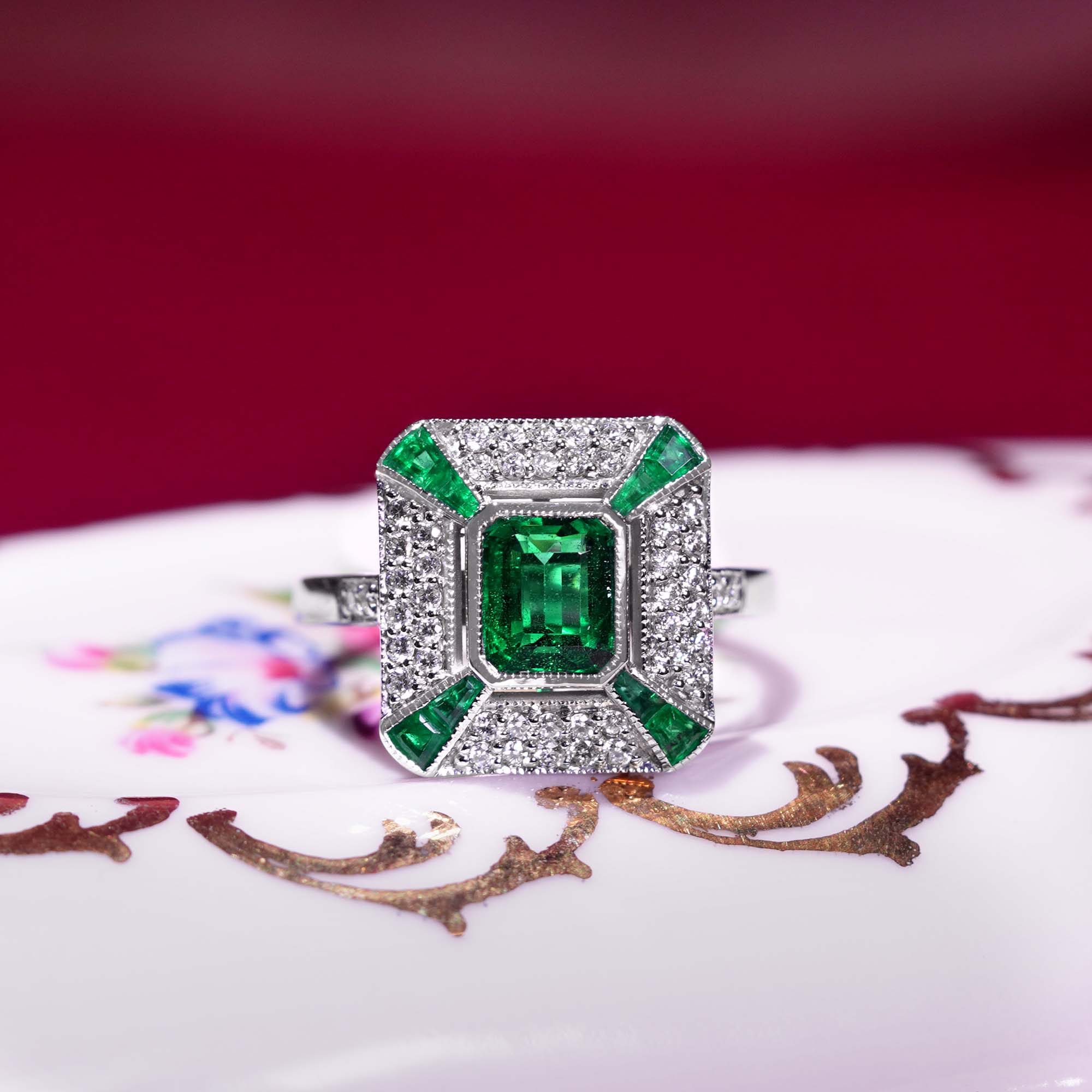 Green Emerald & Diamond Art Deco Style Octagon Pave Set White Gold Ring