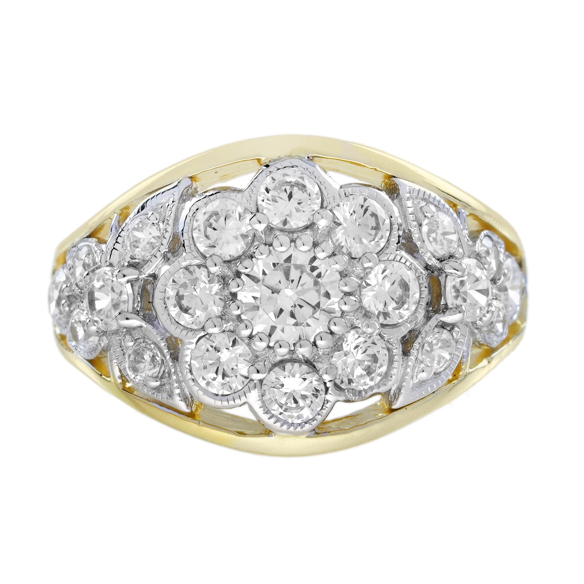 Diamond Cluster Edwardian Floral Style Dome Ring in Two Tone Gold