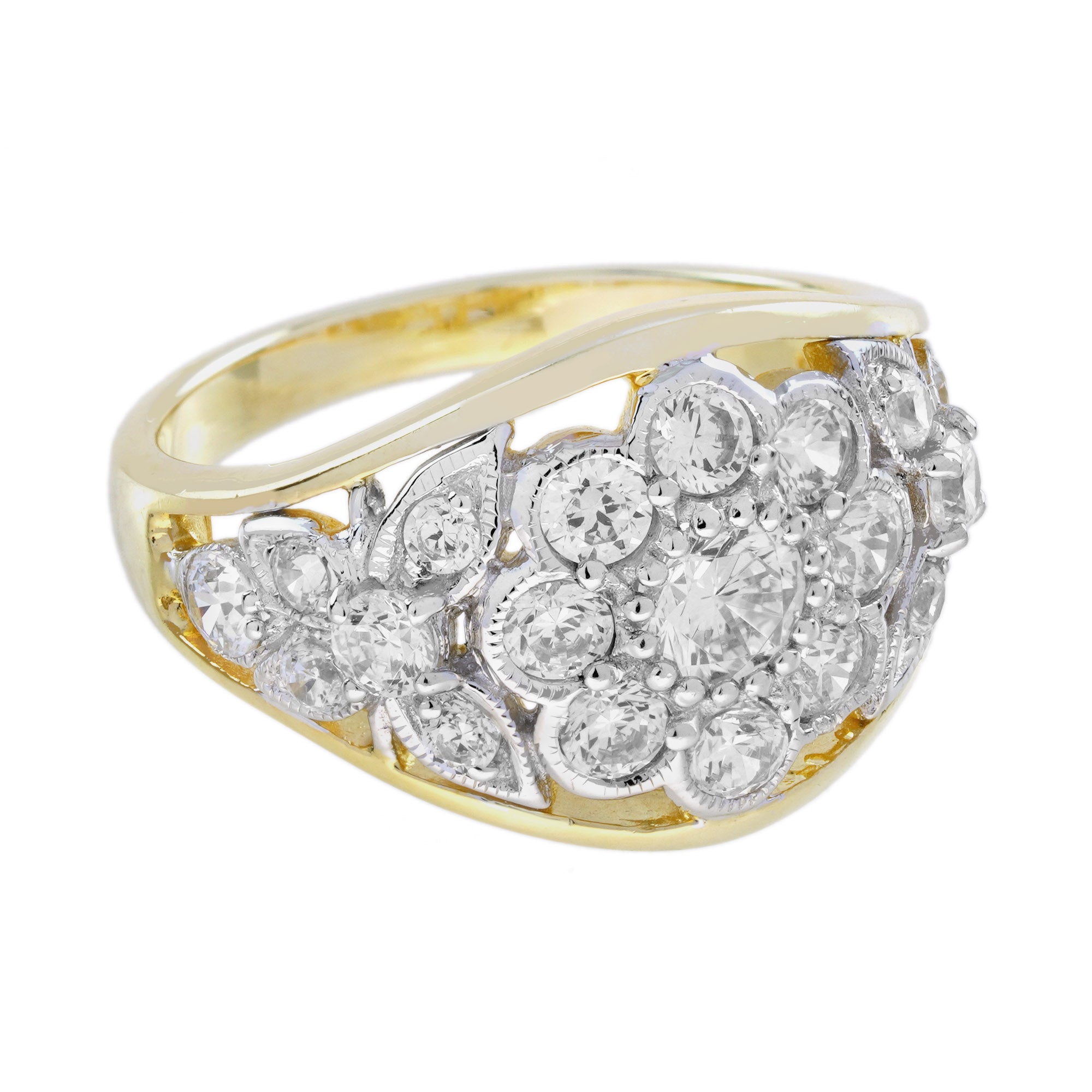 Diamond Cluster Edwardian Floral Style Dome Ring in Two Tone Gold