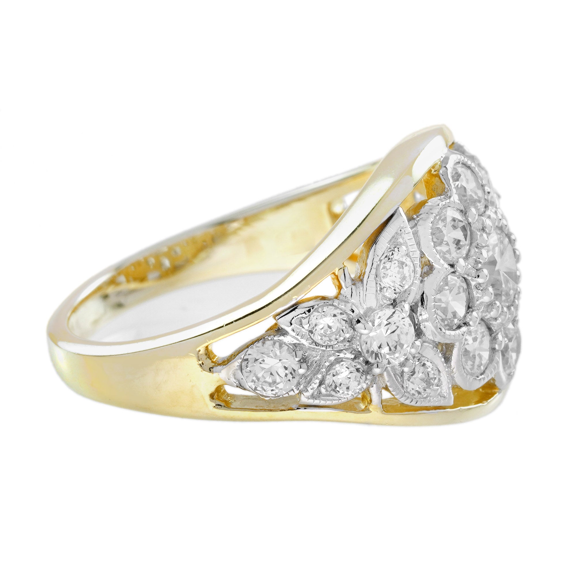Diamond Cluster Edwardian Floral Style Dome Ring in Two Tone Gold