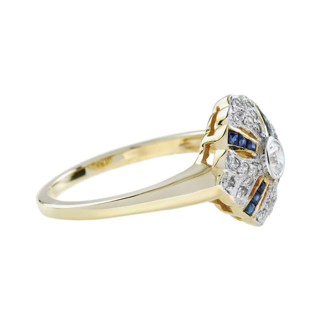 Blue Sapphire & Diamond Vintage Style 14K Yellow Gold Ring