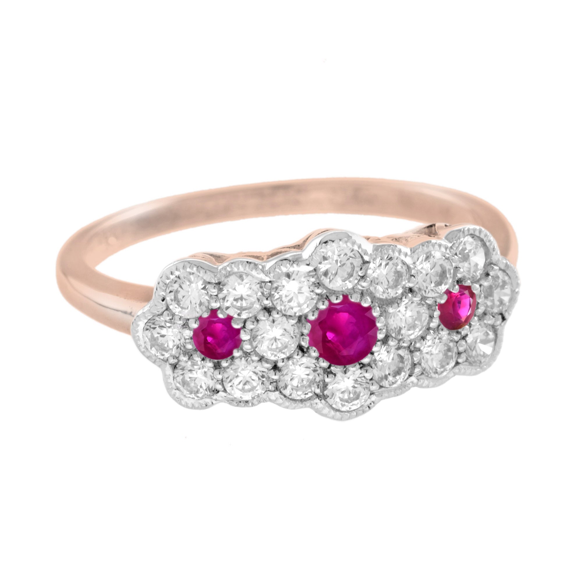 Round Pink Red Ruby & Diamond Floral Flower Three Stone 14K White Rose Ring