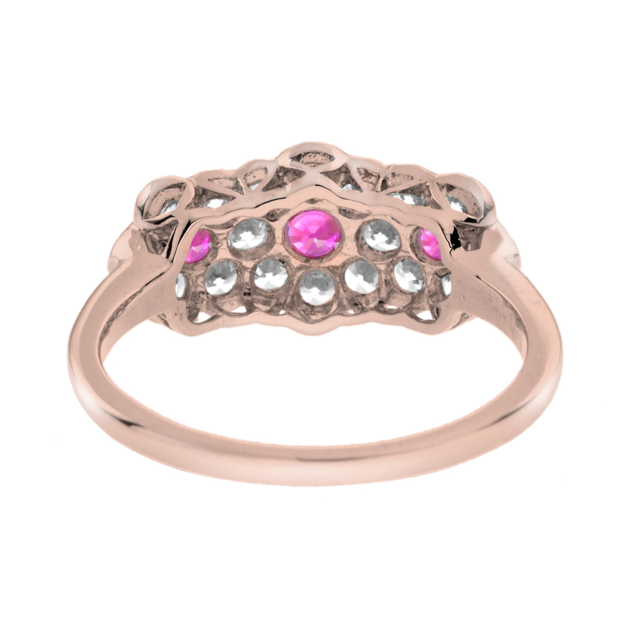 Round Pink Red Ruby & Diamond Floral Flower Three Stone 14K White Rose Ring