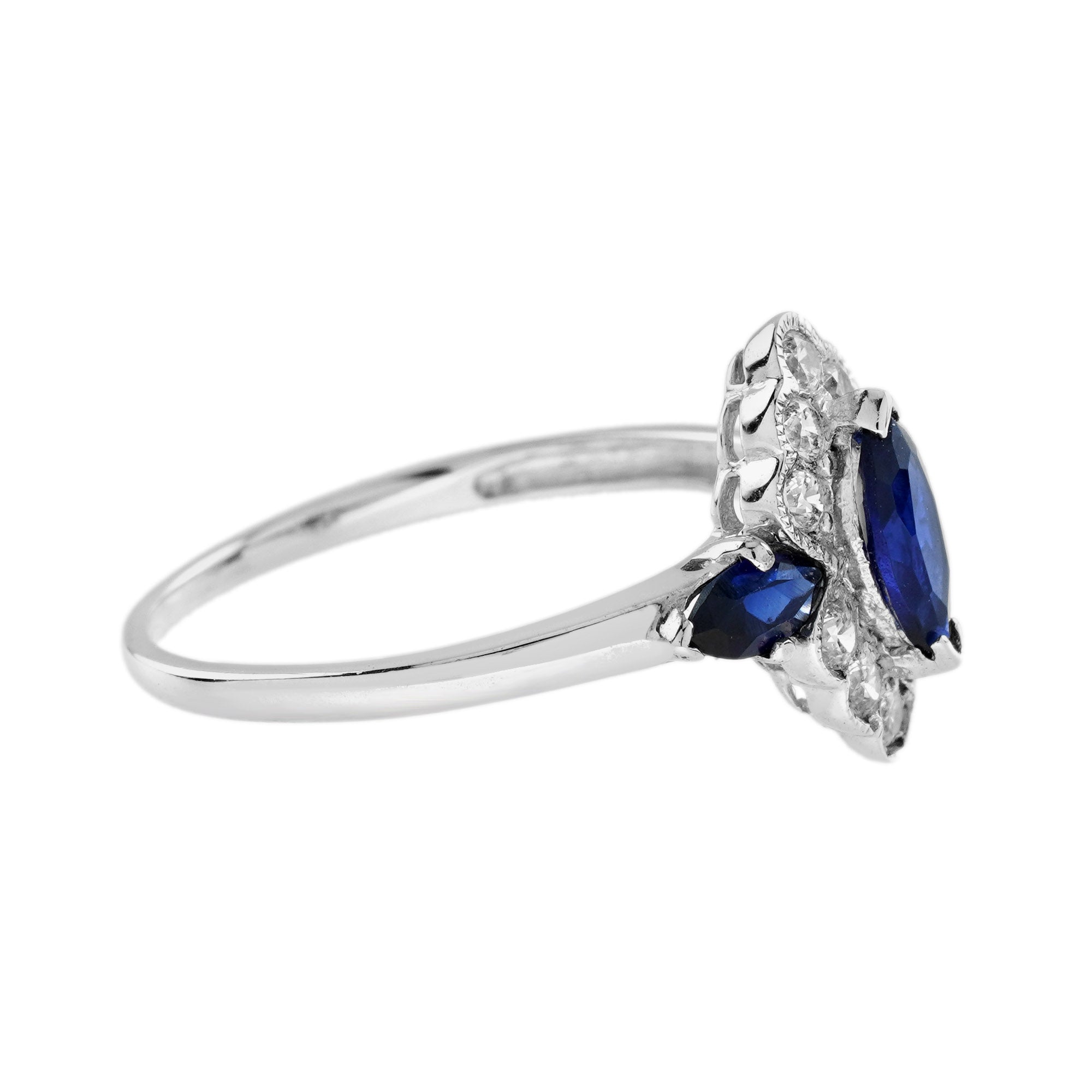 Marquise Shape Blue Sapphire & Diamond Halo Set 14K White Gold Ring