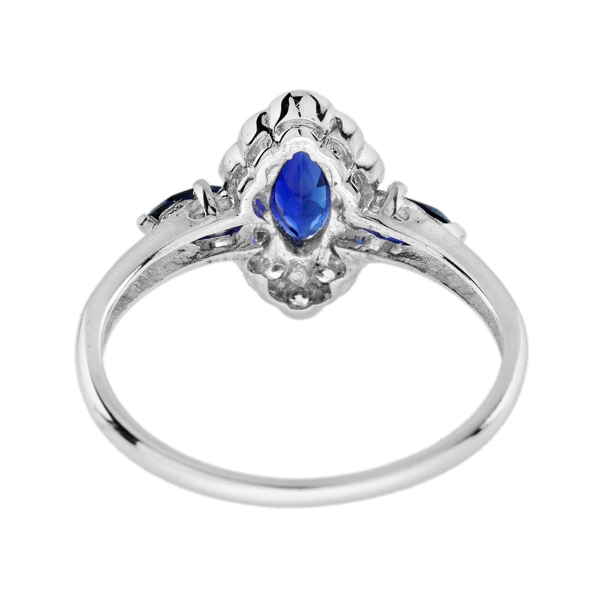 Marquise Shape Blue Sapphire & Diamond Halo Set 14K White Gold Ring