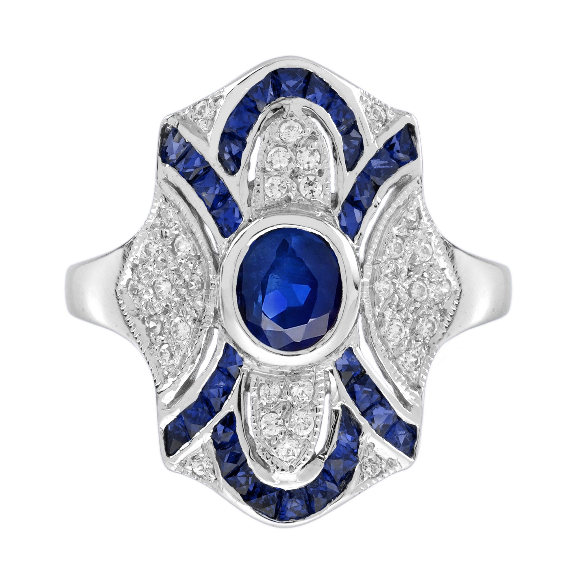 Blue Sapphire Diamond Edwardian Style Openwork Art Deco Inspired White Gold Ring