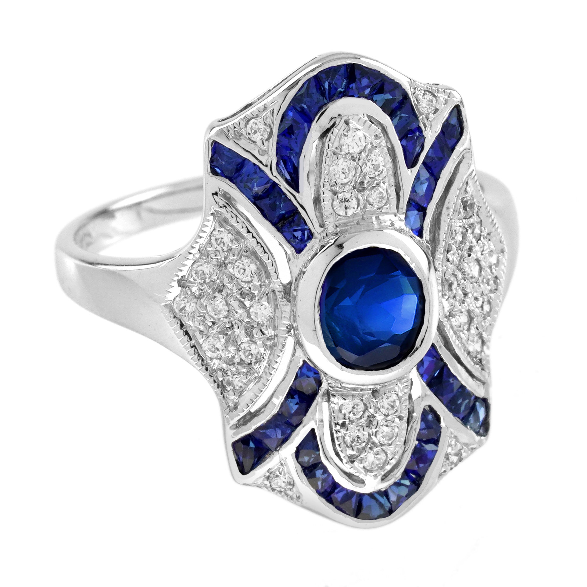 Blue Sapphire Diamond Edwardian Style Openwork Art Deco Inspired White Gold Ring