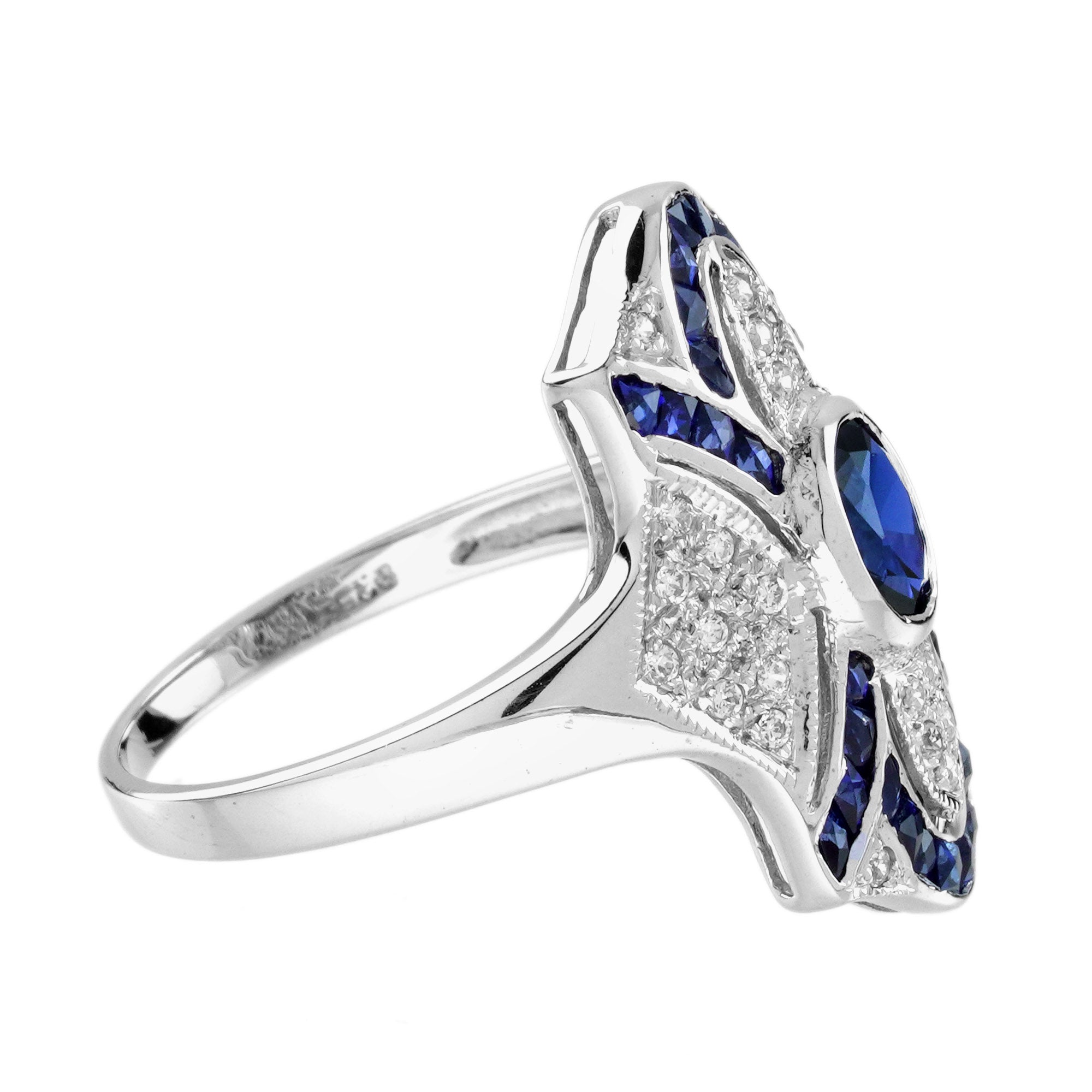 Blue Sapphire Diamond Edwardian Style Openwork Art Deco Inspired White Gold Ring