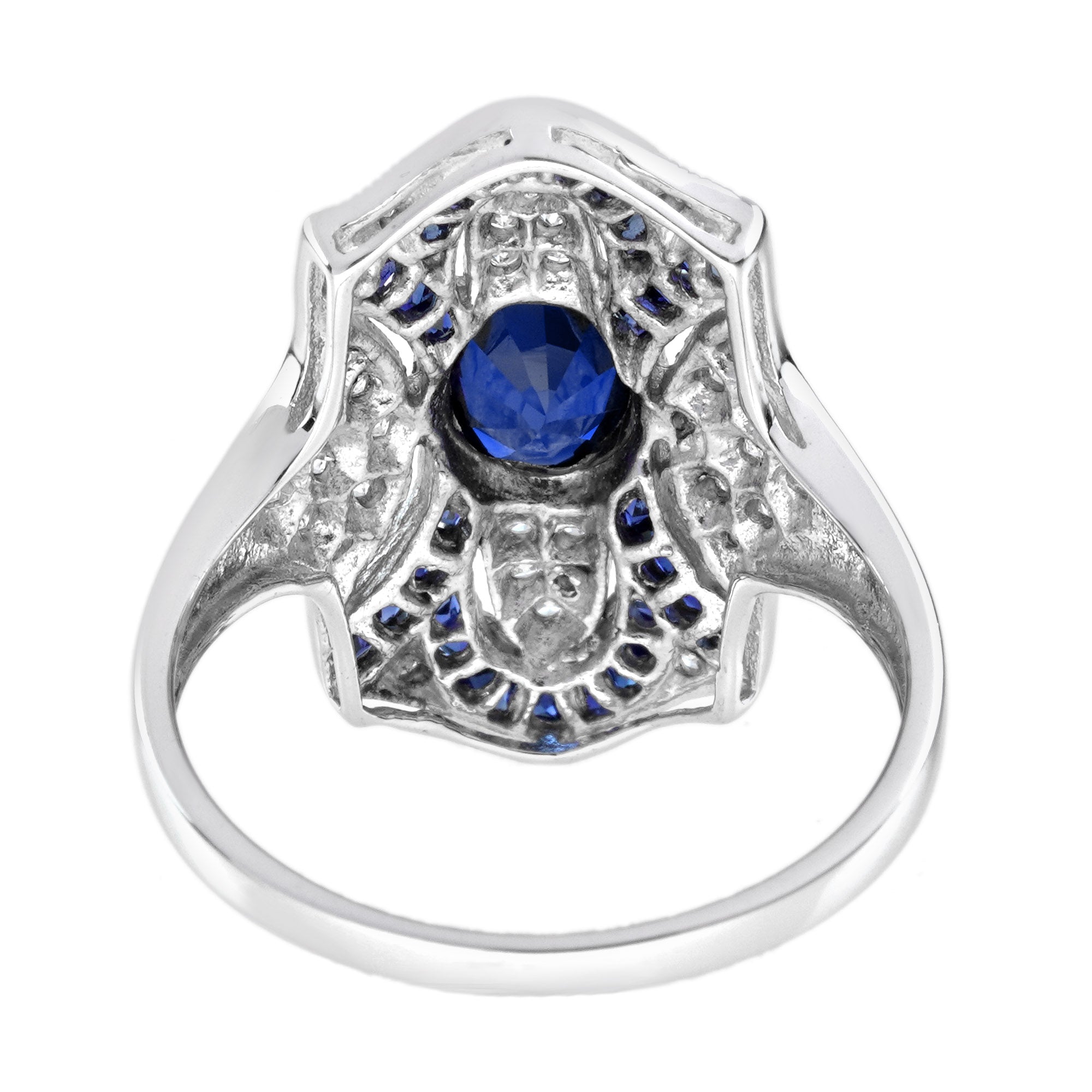 Blue Sapphire Diamond Edwardian Style Openwork Art Deco Inspired White Gold Ring