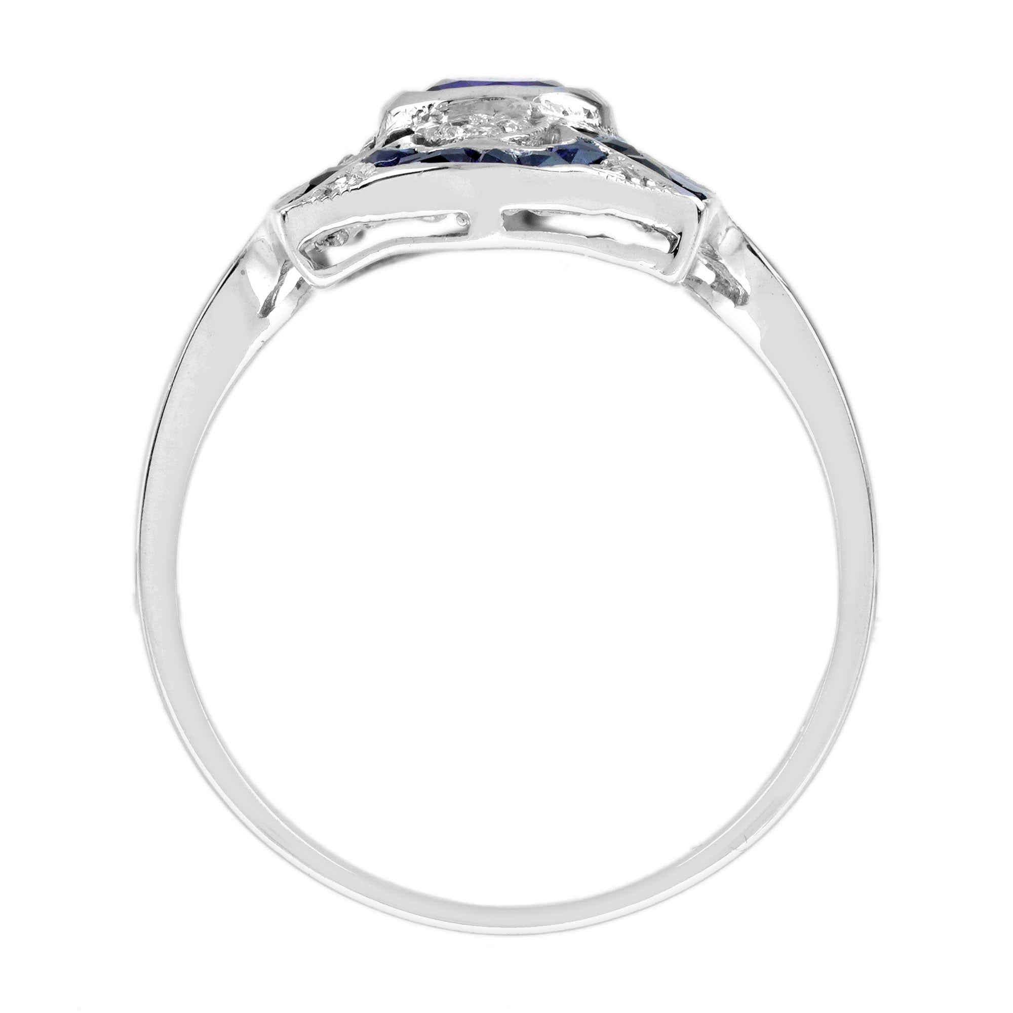 Blue Sapphire Diamond Edwardian Style Openwork Art Deco Inspired White Gold Ring