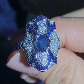 Blue Sapphire Diamond Edwardian Style Openwork Art Deco Inspired White Gold Ring
