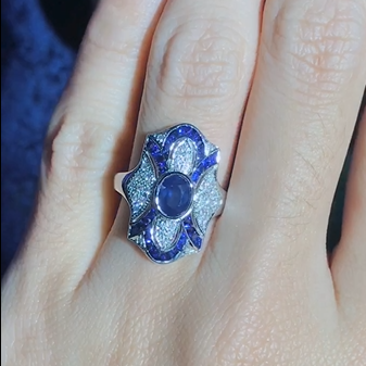 Blue Sapphire Diamond Edwardian Style Openwork Art Deco Inspired White Gold Ring