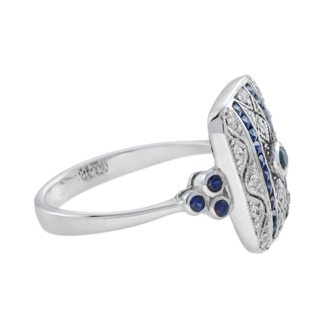 Art Deco Style Blue Sapphire & Diamond Square 14K White Gold Ring