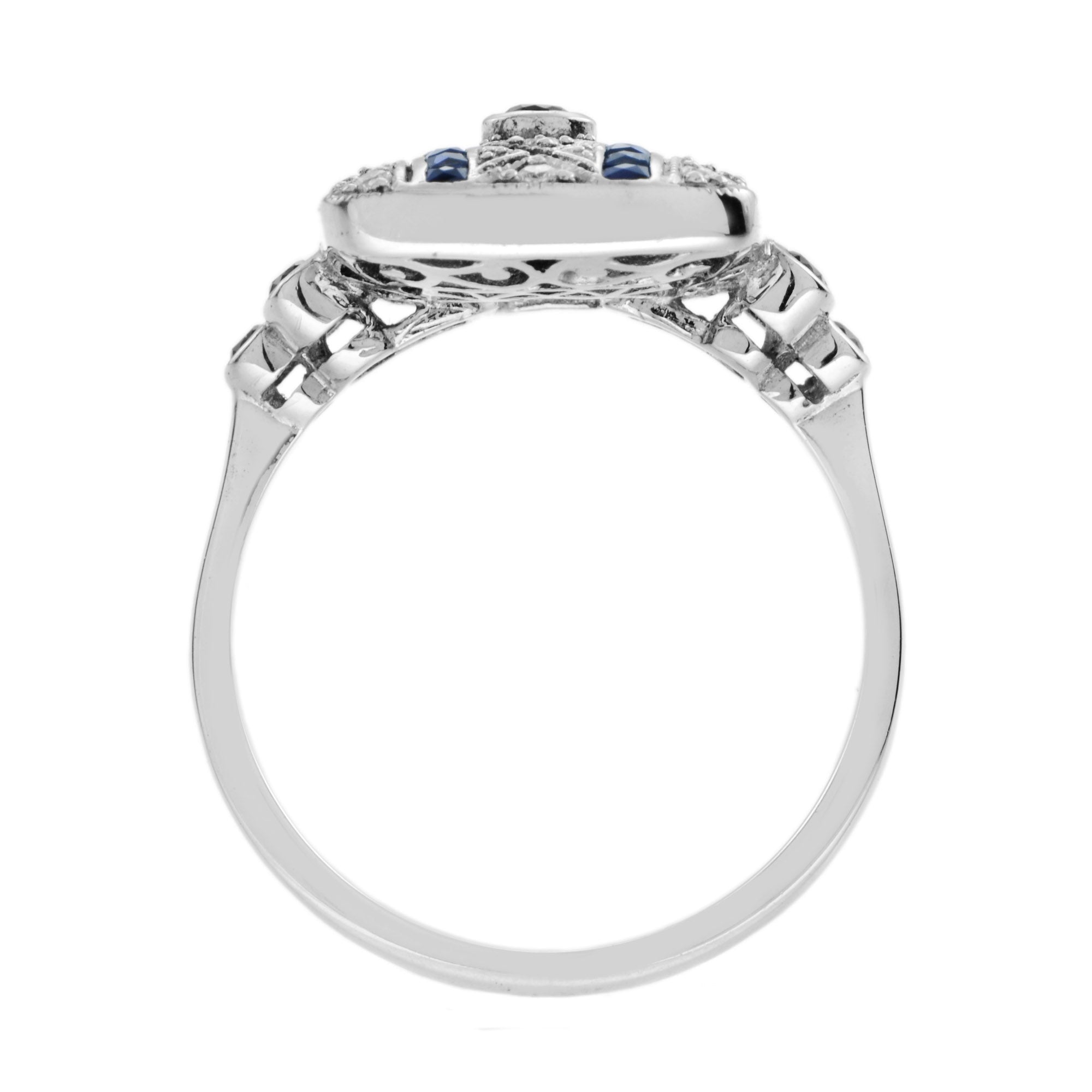 Art Deco Style Blue Sapphire & Diamond Square 14K White Gold Ring