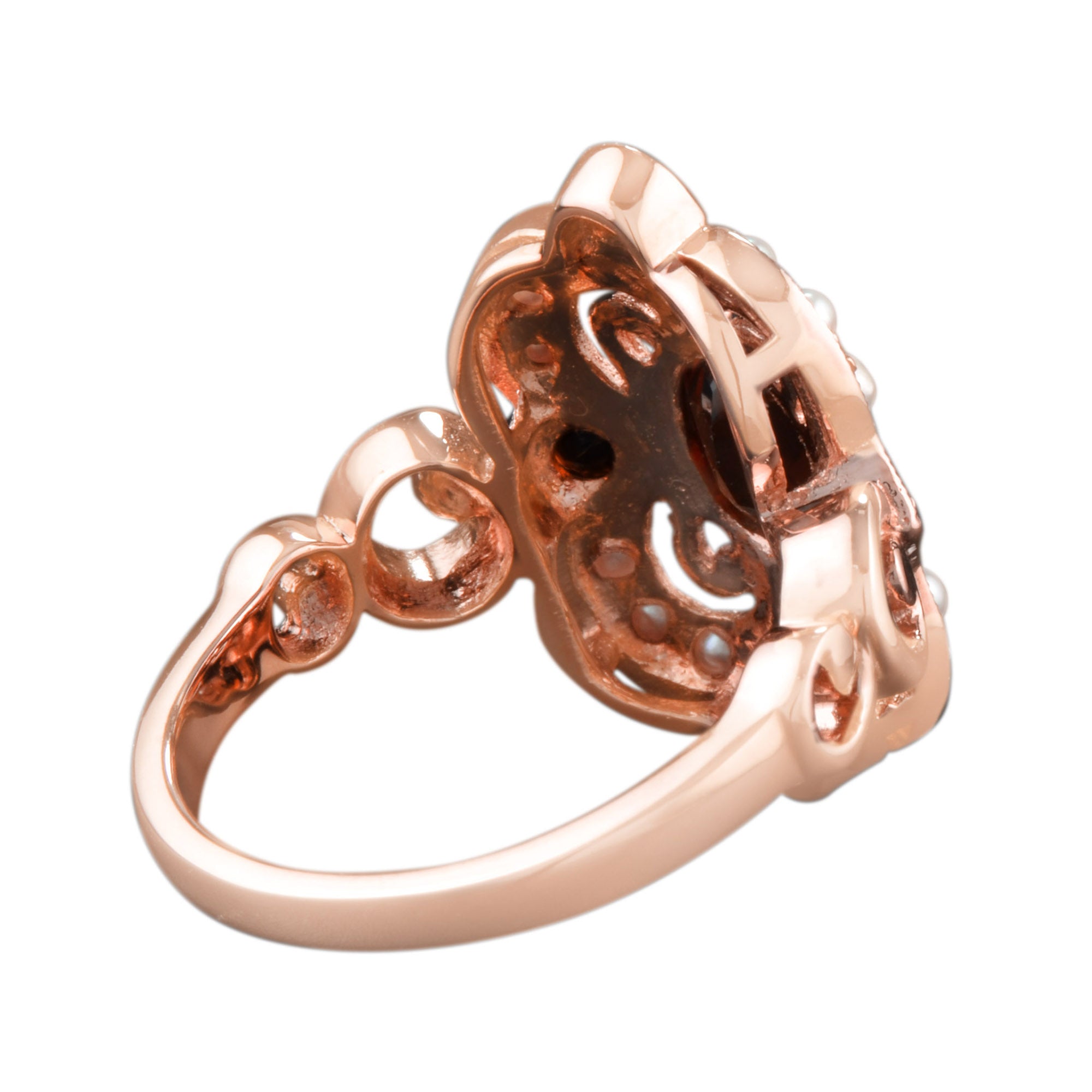 Red Garnet & Pearl Vintage Style Cocktail 14K Rose Gold Ring