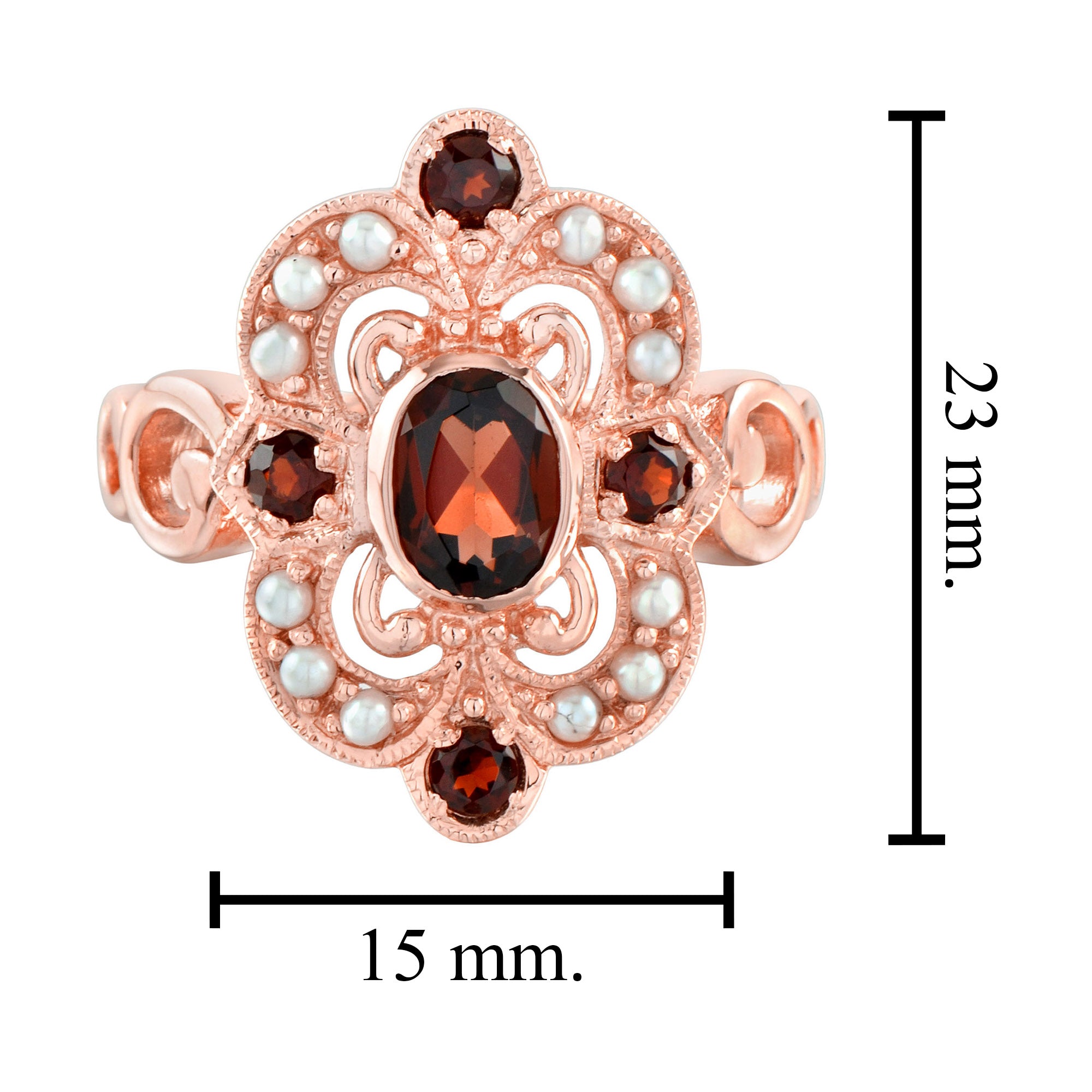 Red Garnet & Pearl Vintage Style Cocktail 14K Rose Gold Ring